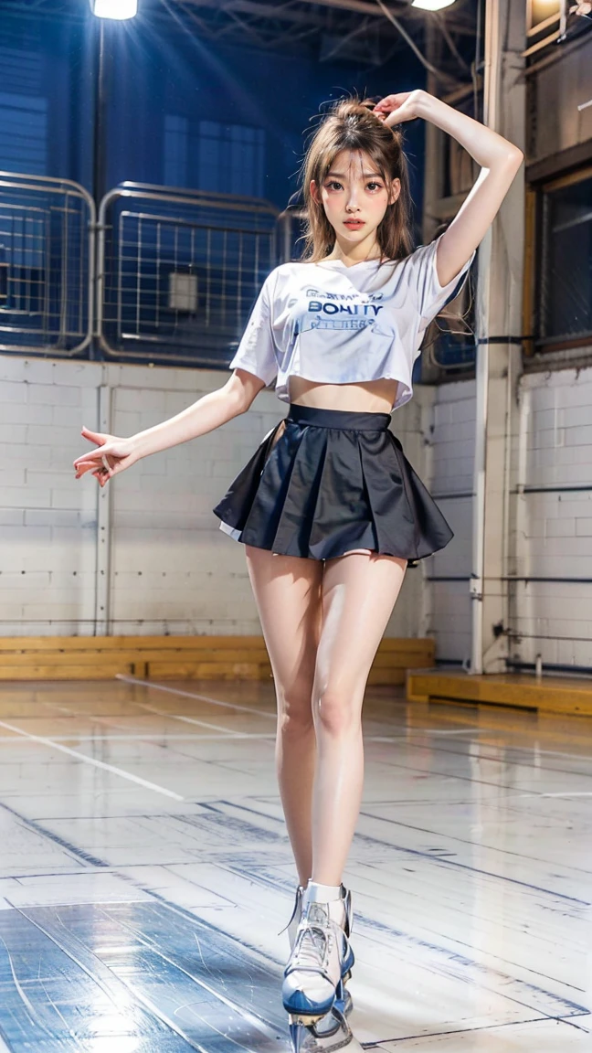 (Realistic、Photorealistic、Ultra-detailed、highest quality、masterpiece、超A high resolution)、12 years old、Height 150cm、Slender、Cheerleader、On the front、Dynamic Angle、Pause、Particles of light、Look at this、Laughter、mini skirt、Absolute area、Angle from below