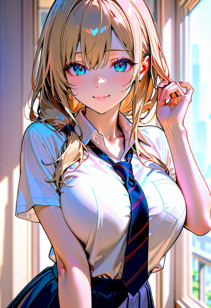View from the peephole, Realistic young woman with blonde hair(Shoulder length), blue eyes and big breasts. She is smiling at the viewer, , Pleated skirt. Screen vignetting, Wide-angle shot, The corners of the screen are black., Looking through the peephole is a thrill..evil smirk,latex