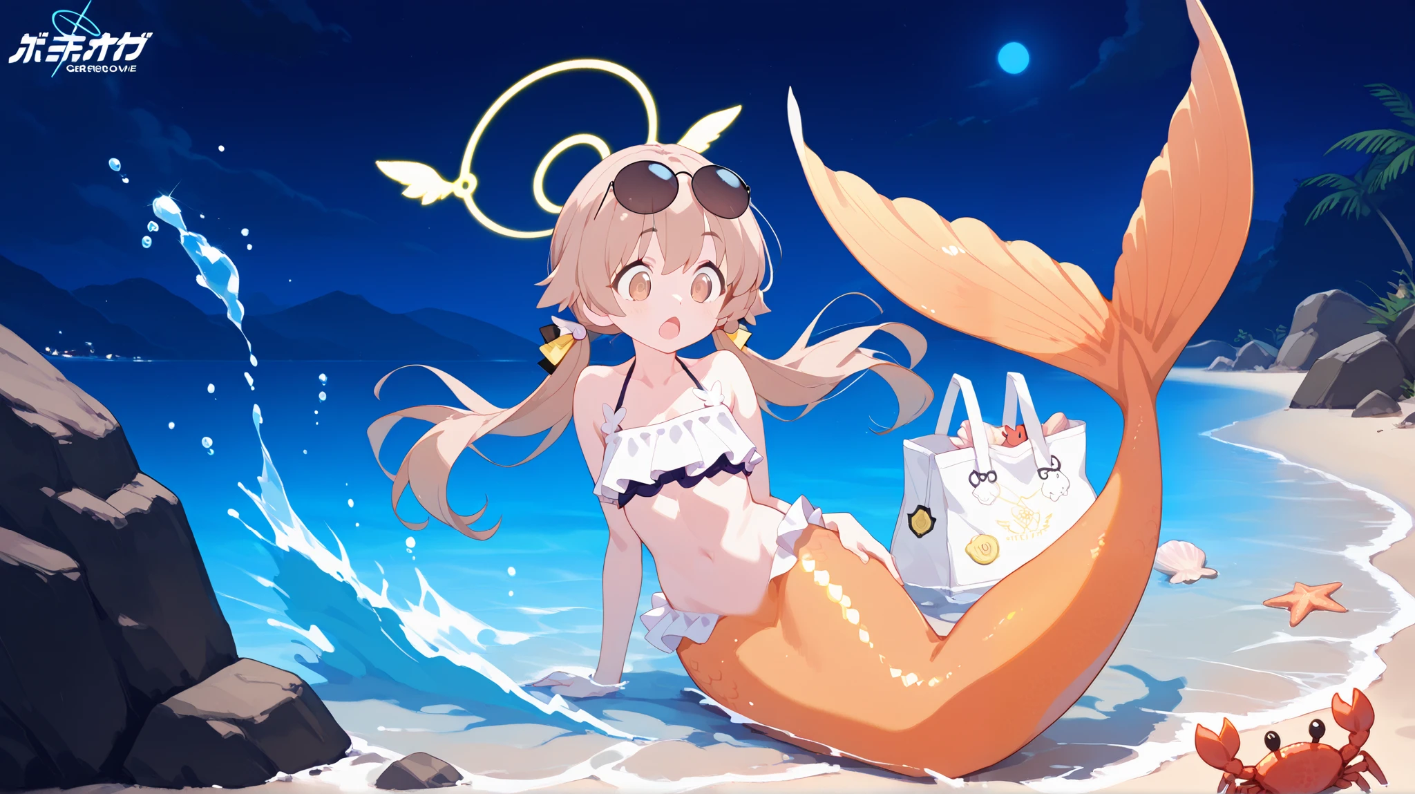 1girl, hifumi_\(blue archive\), brown hair, hair between eyes, hair bow, hair ribbon, halo, long hair, low twintails, sidelocks, twintails, wing hair ornament, brown eyes, (hifumi bikini, white swimsuit, sunglasses), dynamic pose, ((mermaid, light orange tail)), surprised, wide eyes, open mouth, sitting, relaxed, on water, water splash, beach, night, moonlight, hand on knee, arm rest, cute, submerged, looking at legs, look below, looking down, heart, solo, (clothed, ultra kawaii), hdr, low contrast, crab, starfish, seashell, beachbag
masterpiece, best quality, absurdres, masterpiece, highres, perfect anatomy, anime style, anime screenshot, 8k wallpaper, ultra high quality, (extremely detailed cg), perfect lighting, (sharp image), gorgeous, vibrant colors,award-winning, professional, highly detailed,high budget, dynamic angle, dynamic view, close up view, full body