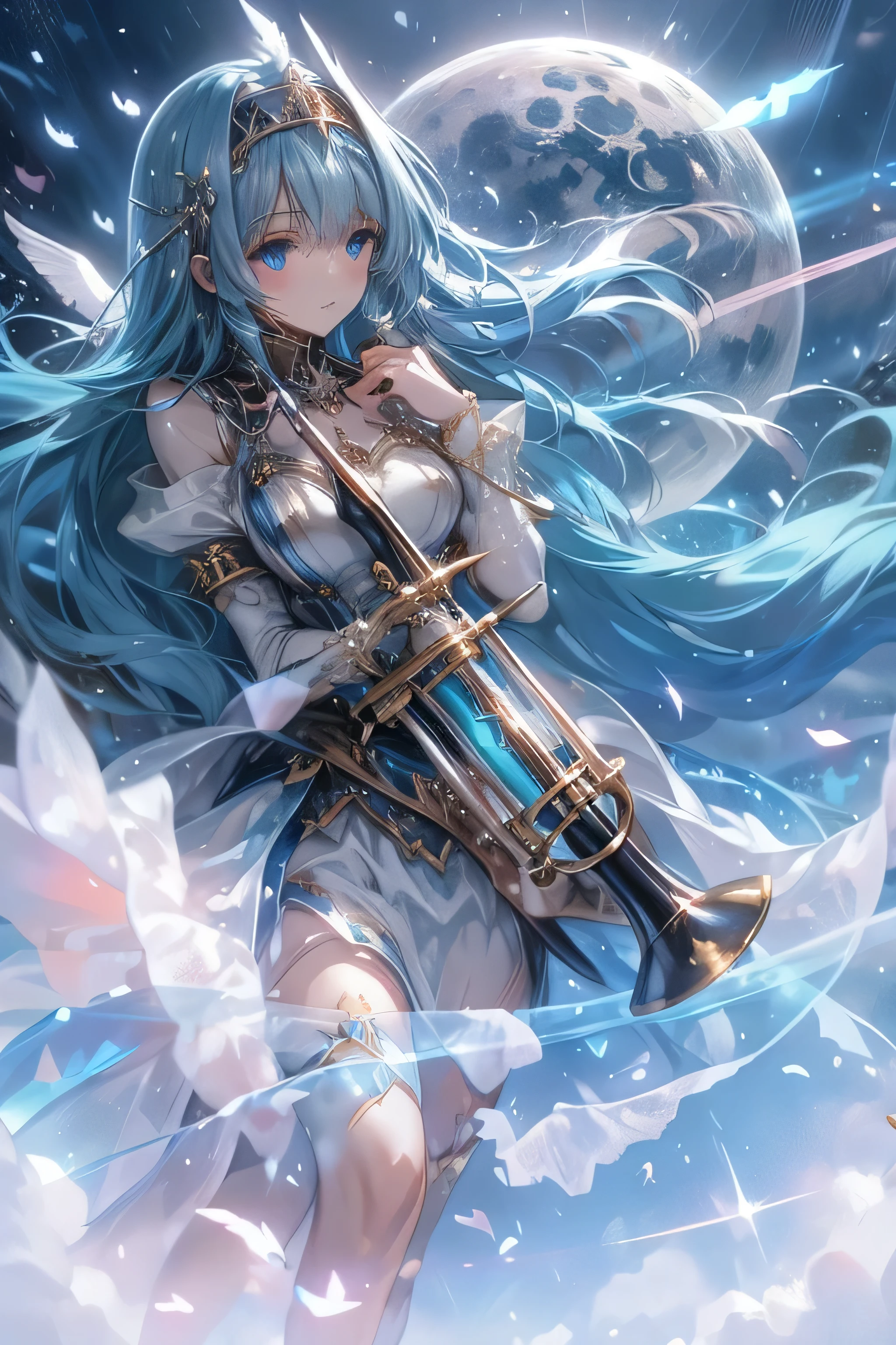 (((SFW、Highest quality、 First Class Masterpiece 、 Normal Body 、8k、 detailed face 、 very accurate、 Goddess of Unity 、5reference、Highest))) 、blue eyes、 Blue Hair 、 long hair、 short、Big Breasts、 slender、 slim 、Pink Heart Dirty Belly Print、 muscle exposure、 Half naked 、Ultra Thin Transparent Pure White Dress、Ultra Thin Transparent Pure White Mini Skirt、 Slave's Iron Collar 、 trumpet playing on an instrument、 Heavenly Wings、 where i lived 、moon、null、null in、 sacred、at the Iron Factory, nothing , Highest品質,