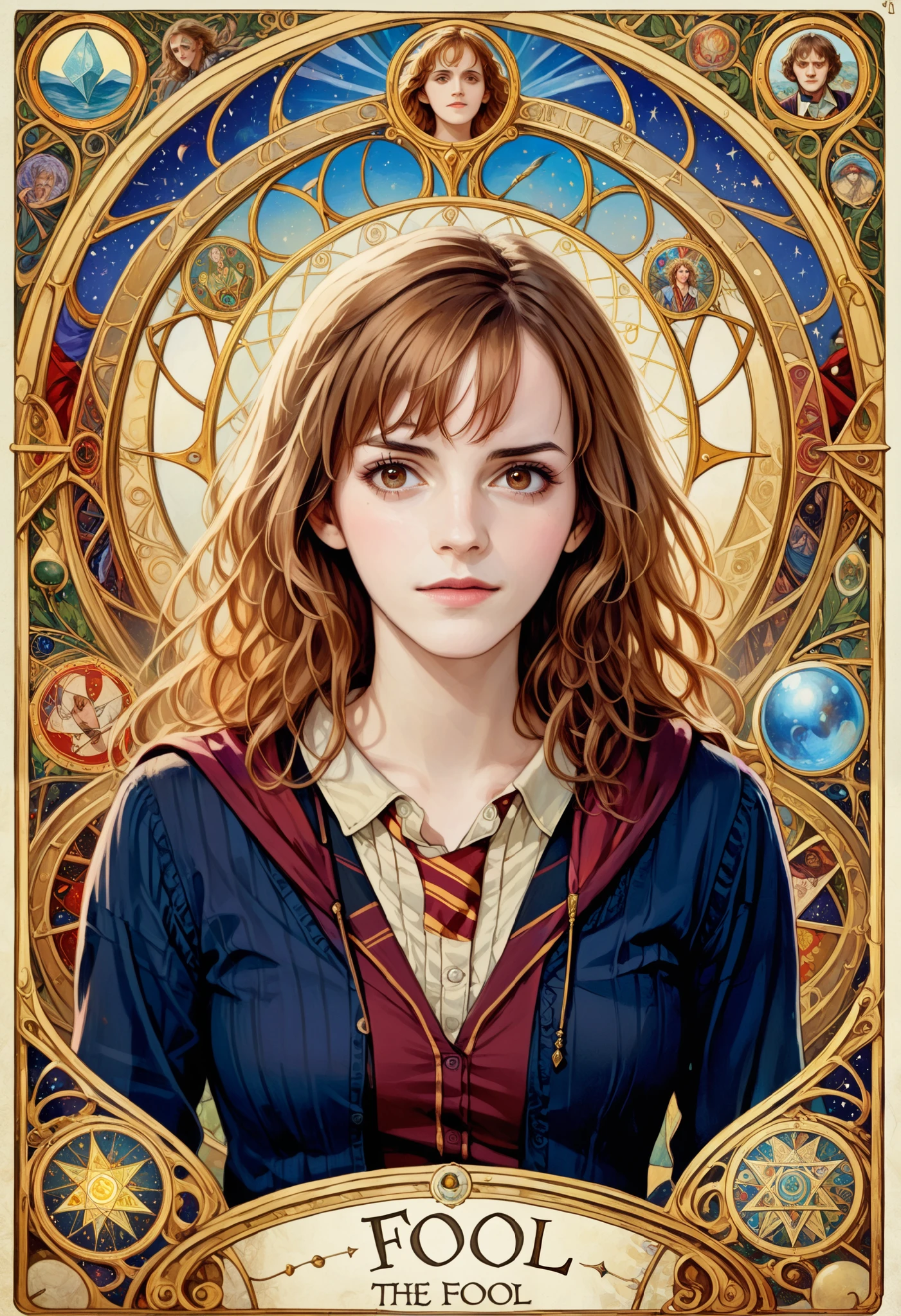 (absurdres, highres, ultra detailed), 1 Female, Brown hair, Brown eyes, Looking at the camera, Hermione Granger, Harry Potter, Finely detailed eyes and detailed face, the fool \tarot\, bard, clown, Symbolism, Visual art, Occult, Universal, Vision casting, Philosophical, Iconography, Numerology, Popularity, Artistic, Alfons Mucha