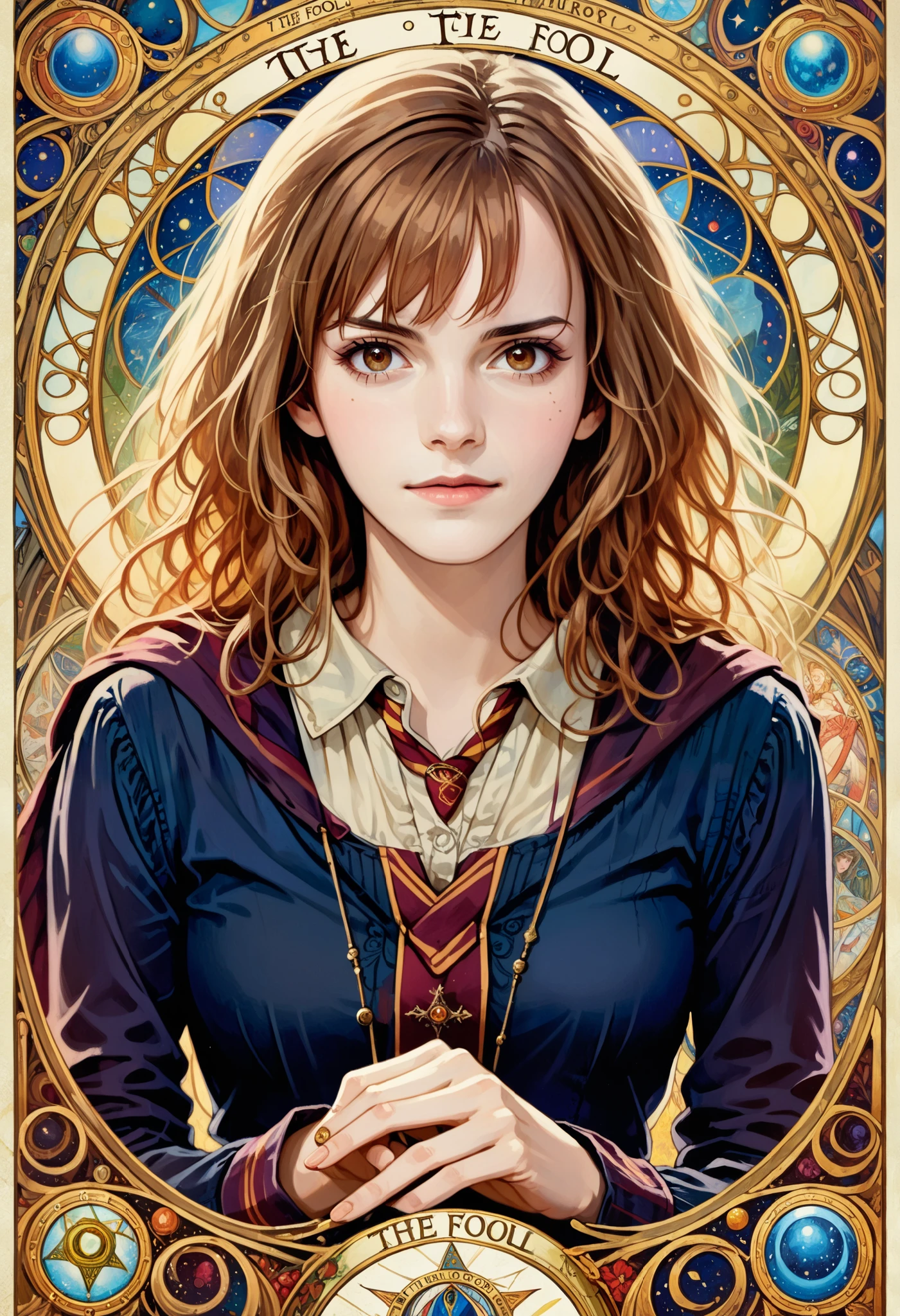 (absurdres, highres, ultra detailed), 1 Female, Brown hair, Brown eyes, Looking at the camera, Hermione Granger, Harry Potter, Finely detailed eyes and detailed face, the fool \tarot\, bard, clown, Symbolism, Visual art, Occult, Universal, Vision casting, Philosophical, Iconography, Numerology, Popularity, Artistic, Alfons Mucha