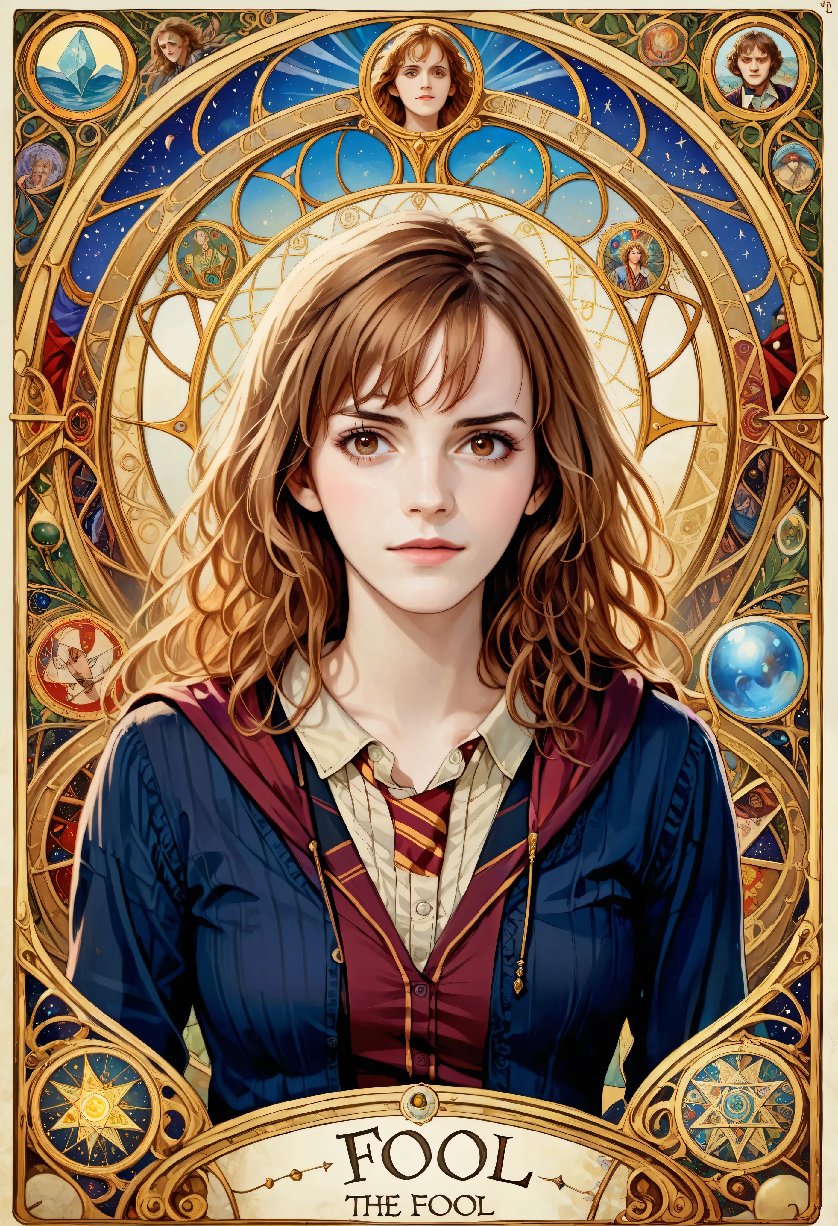 (absurdres, highres, ultra detailed), 1 Female, Brown hair, Brown eyes, Looking at the camera, Hermione Granger, Harry Potter, Finely detailed eyes and detailed face, the fool \tarot\, bard, clown, Symbolism, Visual art, Occult, Universal, Vision casting, Philosophical, Iconography, Numerology, Popularity, Artistic, Alfons Mucha