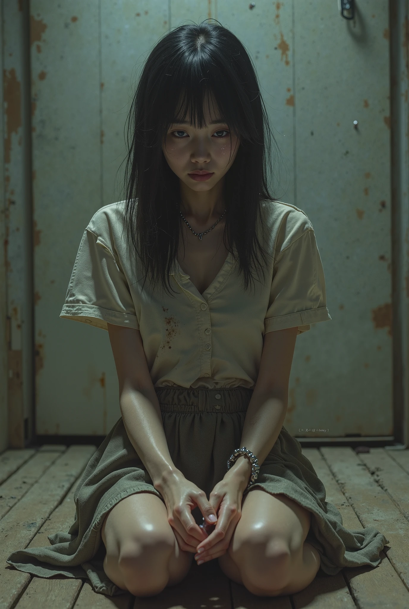 Urzan-6500-v1.1, (RAW Photos:1.2), (Realistic), (Genuine:1.4), １girl、Perfect ???????、4、Looking into the camera、Medium Long Hair、Plaid vest、((Are standing:1.3))、(Ultra-realistic pantyhose:1.2), (High heels)、(Business services)、Victim actress, shame、Shyness、evidence、Seized items、Red lips, blush,Edo Capture Techniques、 BDSM, Inside an abandoned factory, shibari, handcuffs, collar, (suspension:1.6), Arms tied, Place your arms behind your back, Inhibition, Leaning forward,