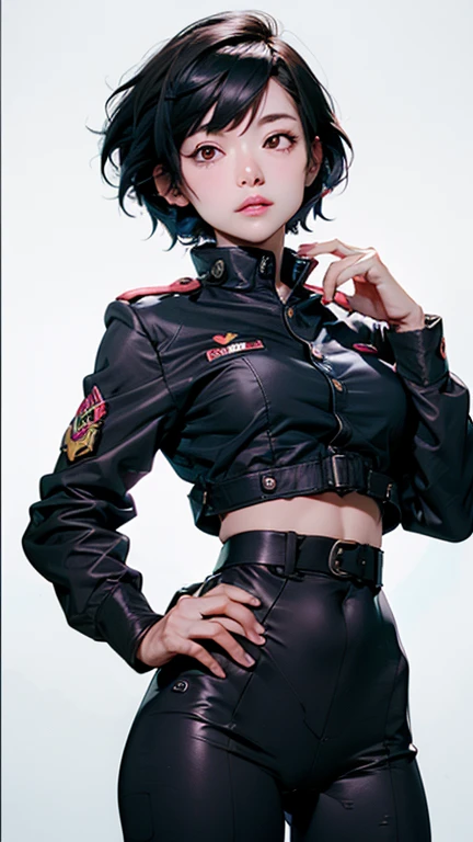 (masterpiece,highest quality,In 8K,Super detailed,High resolution,Realistic,absolutely:1.2),(A female officer of Team Rocket is walking.:1.5),(Always alone:1.5), (Wearing Team Rocket's uniform,There is a big red"R"The characters are drawn:1.5),(cute type of woman:1.4),(Detailed facial depiction, villain's smile:1.4), (bowl cut, blue hair color:1.5),(accurate hands:1.4),(woman's hand:1.2),(wallpaper:1.5),(cowboy shot:1.5),(overlook:1.5), (20 year old Japanese woman,clothing that fits,Make your skirt very short, Black patent leather long boots:1.3), (secret society hideout), (camel toe:1.3), (The upper body is thin:1.4), (flat chest:1.4), (big butt, thick thighs:1.4), (A is being looked at from below.:1.4)