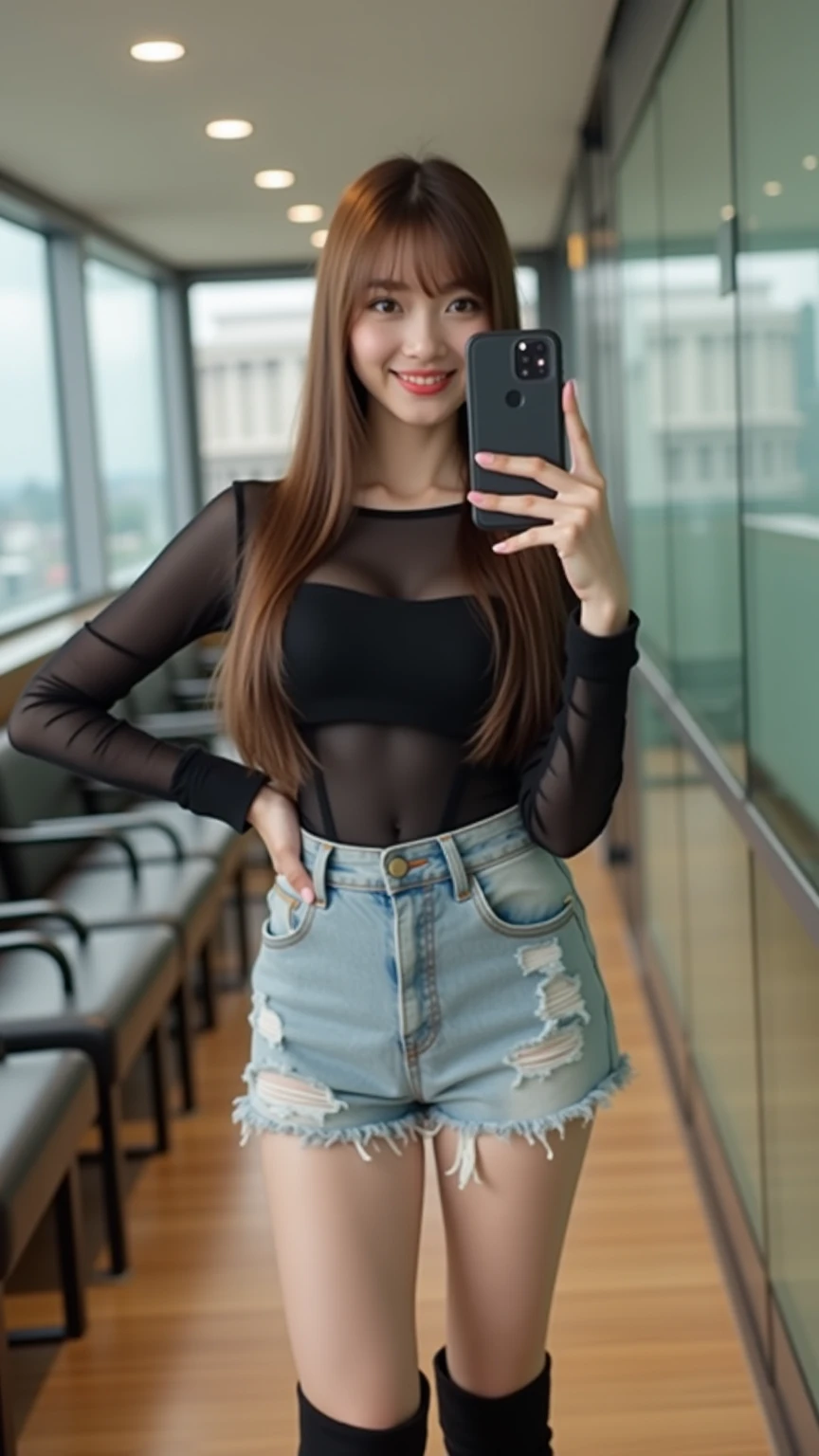 there is a young girl standing in a hallway wearing high waisted shorts, dressed in a top and shorts, see - through, see through, short jeans, outfit photo, wearing a sexy cropped top, at a mall, 2 4 year old female model, appearing in a shopping mall, full body picture, wearing tight simple clothes, full body cute young lady, sexy look