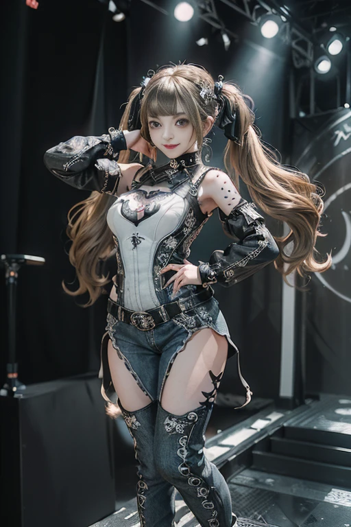 (Full body view:1.4)、(Full Body View:1.2)、(Smiling with teeth showing:1.3),(Shibuya Gal:1.5)、(Gothic Lolita style fashion:1.5)、(Punk RockVisual Kei:1.5)、(Wearing a rhythmic gymnastics bodysuit with intricate details:1.4)、(Racing suit and pants with delicate decorations in white, denim and charcoal:1.5)、(Denim and light blue and white boots:1.3)、((belt))、(Numerous delicate logo marks all over the costume:1.4)、(collar:1.3)、(Striped underwear:1.5)、20-year-old、NSFW、((Highest quality、In 8K、masterpiece:1.3))、Sharp focus:1.2、(Layered Cut、Huge boobs:1.1),Beautiful woman with perfect figure:1.4、(Dancing vigorously:1.3)、Slender Abs:1.2、Highly detailed face and skin texture、Detailed eyes、double eyelid,(Twin tails:1.3)、(Brown Hair:1.3)、Gravure idol、(The background is the stage of the fashion show:1.3)、(Slim Body:1.3),(Make your legs thinner:1.4),（clavicle:1.1）、(Thin and slim thighs:1.3)