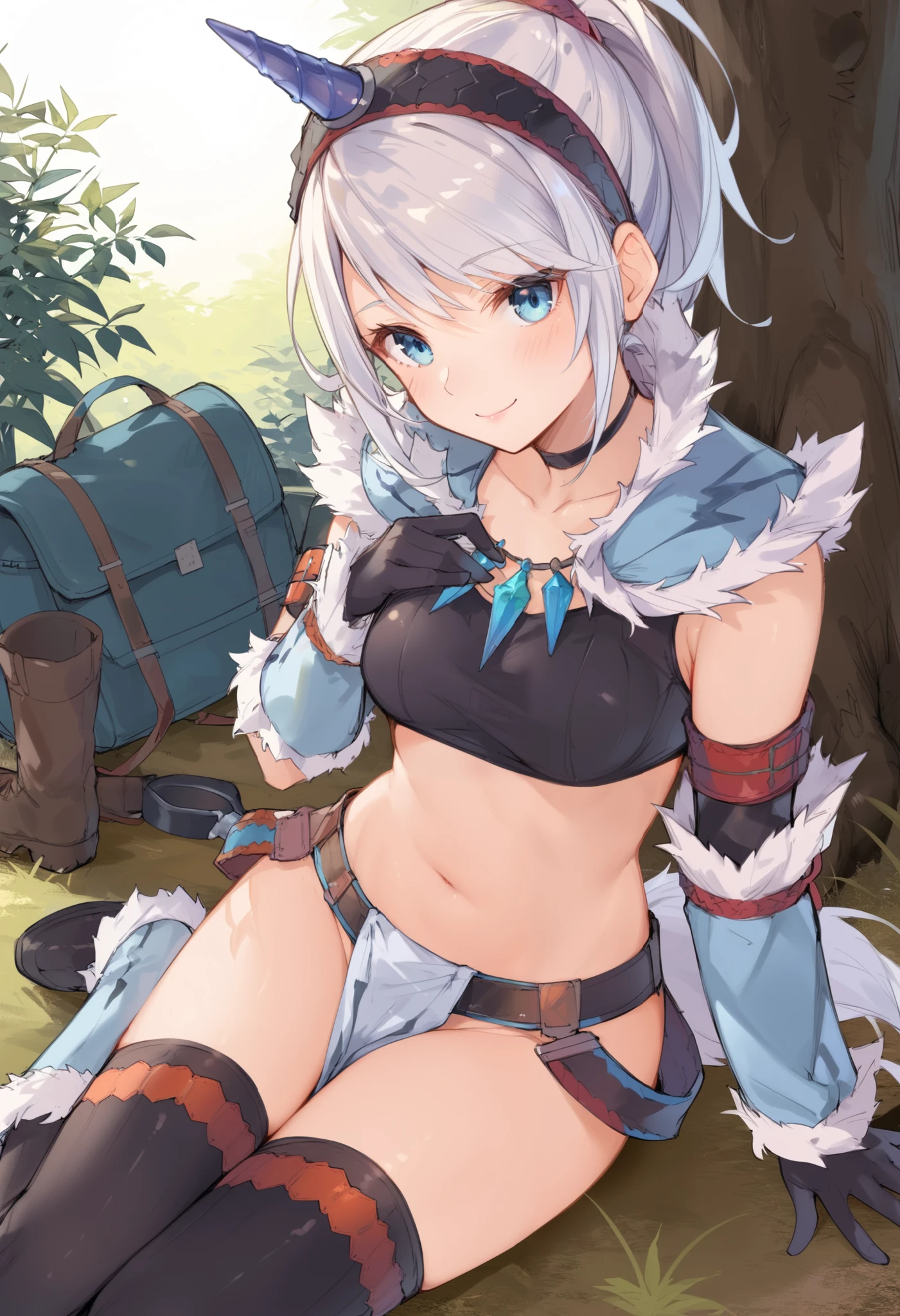 (score_9:0.9),score_8_up,score_7_up,rating_explicit,anime_style,(zPDXL),kirin beta armor,white single horn hairband,white detached sleeves,ung_girl,solo,blue eyes,looking at viewer,sitting,smile,plain_background,medium breasts,,closed mouth,collarbone,black bandeau,white loincloth,white knee boots, camp, campdire,black_knee_highs