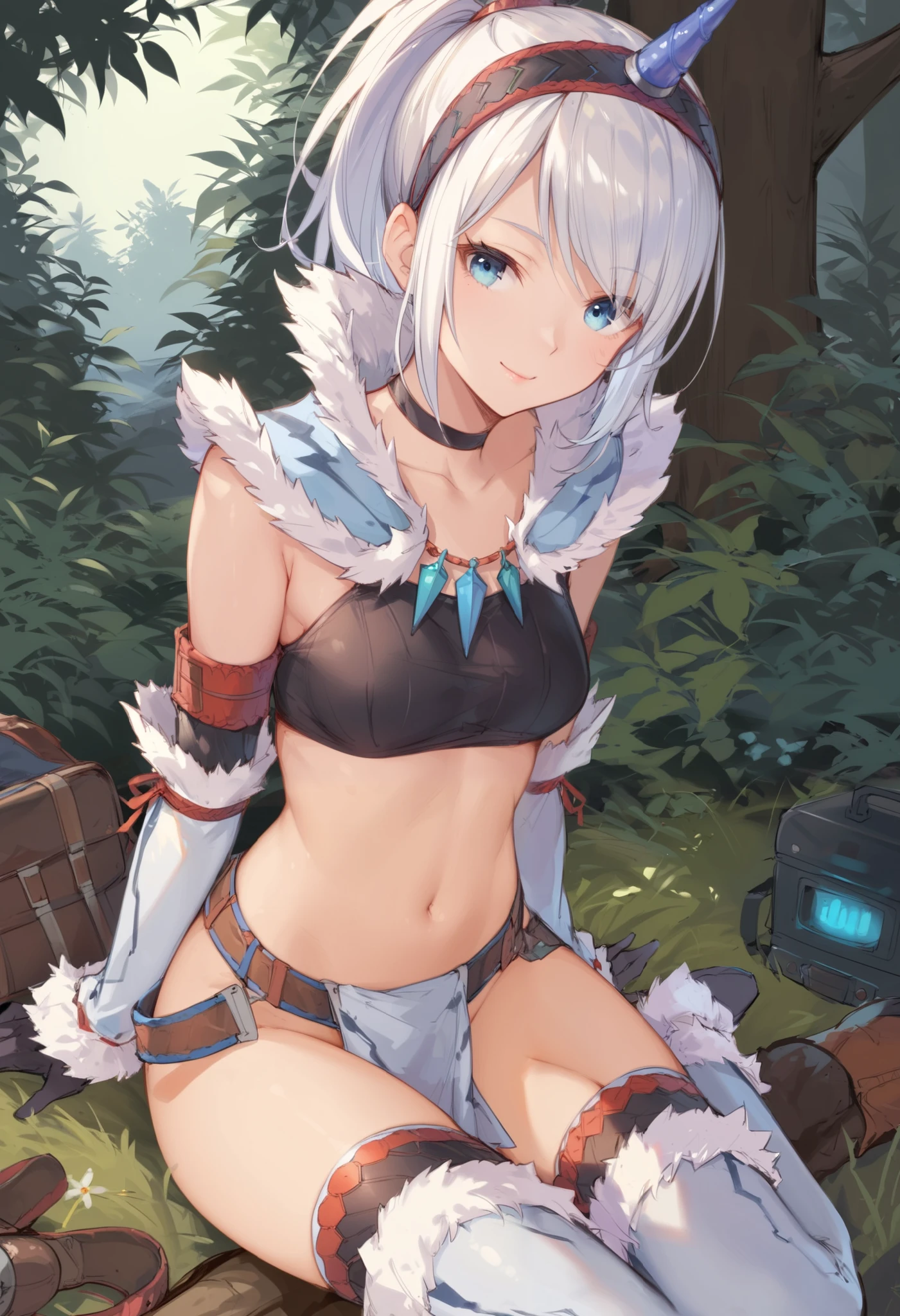(score_9:0.9),score_8_up,score_7_up,rating_explicit,anime_style,(zPDXL),kirin beta armor,white single horn hairband,white detached sleeves,ung_girl,solo,blue eyes,looking at viewer,sitting,smile,plain_background,medium breasts,,closed mouth,collarbone,black bandeau,white loincloth,white knee boots, camp, campdire,black_knee_highs