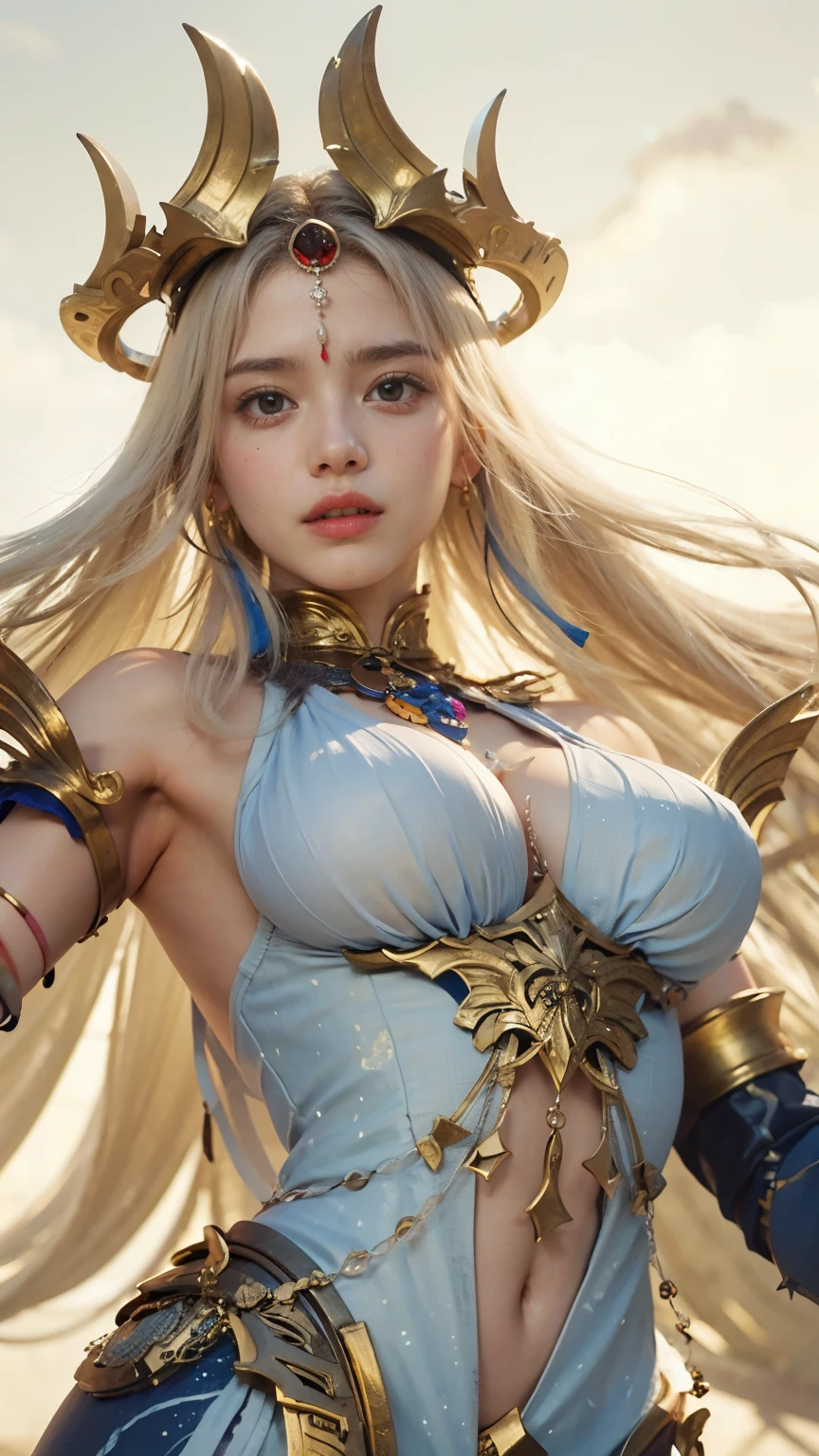 (masutepiece), Professional , masterpiece、top-quality、photos realistic , depth of fields ,(Wind element),close-up,dream magical,tornado,Lightning,(Gemstone Silver Jewel Body:1.9),(Matte White、Jewel Gold Weapon_(Metal:1.4),Gorgeous Jewel Metal Weapons , Detailed Sword of the Brave , Beautiful knife ,warhammer 40k , adepta sororitas,Detail and ornate jewel crown、Brown hair、Gangle's forest background、Beautiful Caucasian beauty、1a person、dynamic ungle,(((Detailed and ornate diamond crown)))、Particles of light、cleavage of the breast、