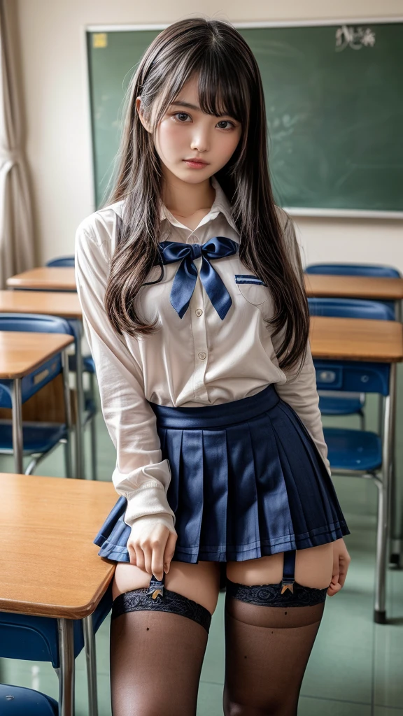Japanese。high school girl。Hosomi。uniform。Cute。mini skirt。Dark brown hair。 Modest appearance。　　blouse。Full body portrait。Dark brown loafers。The corners of the mouth are turned up。A photo taken with a female classmate in a school classroom。　Soft eyes 。Baby Face 　A little more subdued eyes