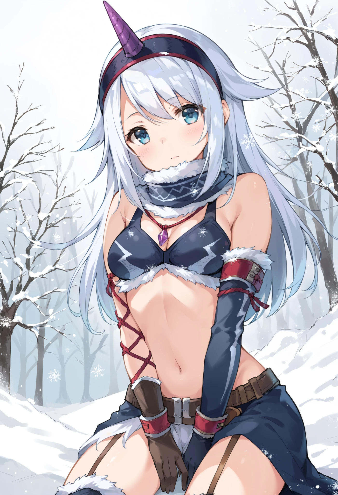 ( score_9:0.9), score_8_up, score_7_up,rating_explicit, anime style,(zPDXL), r armor, purple single horn headband, ung_girl, Alone, long_gloves, black_knee_high , white_long_hair, shaggy_bang,Blue Eyes, snow, under the arm, arms, snowing, medium_breasts , black_tube_op