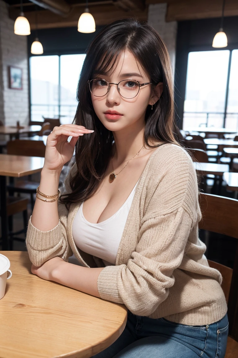 (Masterpiece, best quality, award winning, photorealistic, model photography :1.5), sharp focus shot, A beautiful European female youth, pretty girl, model, ig idol, delicate face, (slim body, slender:1.3), (big breasts:1.1), beautiful eyes, natural and realistic hands, no make-up, (straight short hair:1.2). Wearing office blazer and tight trouser, roll up the sleeve. Adorn with glasses, pendant, earrings and bracelets. drinking coffee at cafe, morning, smirking.