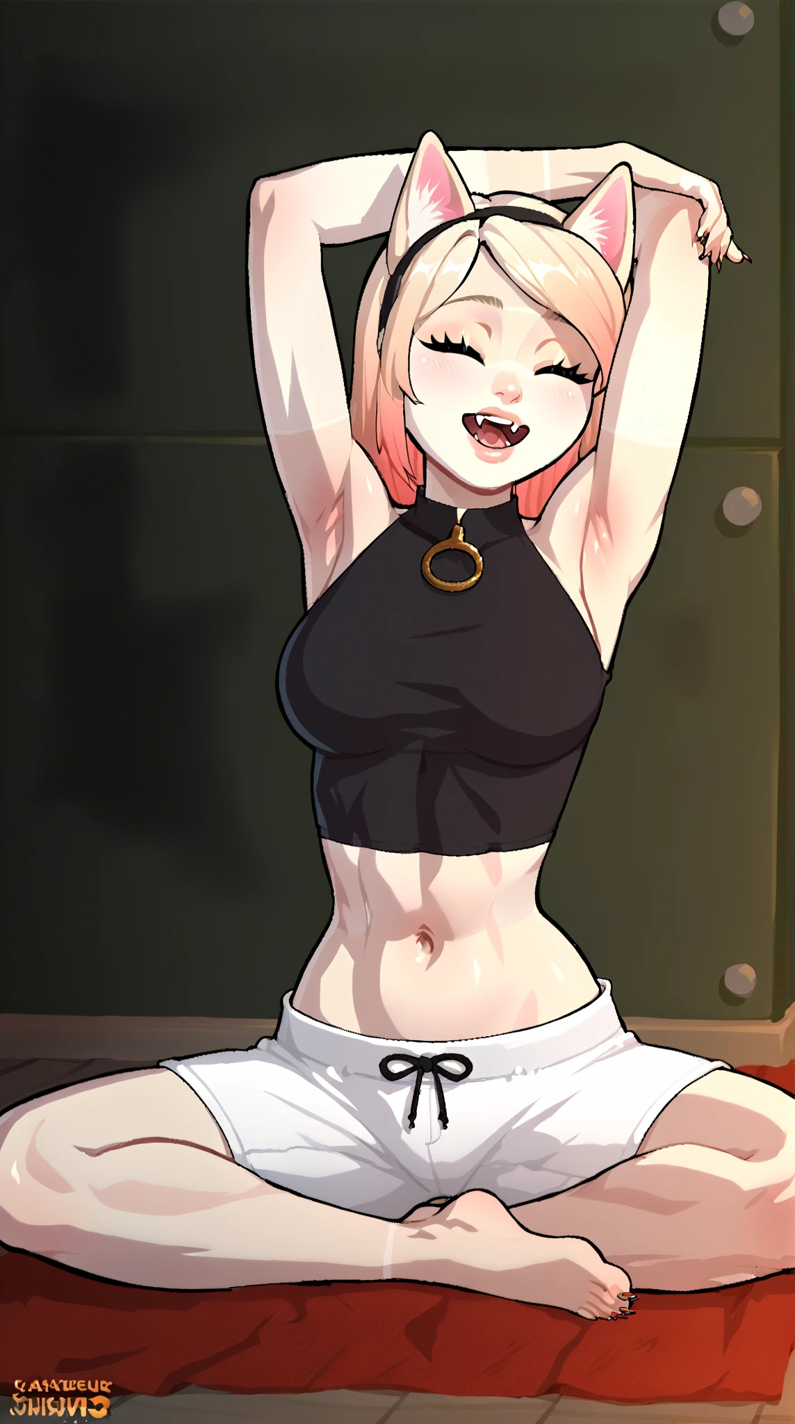 Young woman, skinny fit and toned body, thick eyeshadow, tired eyes, blushing, biting lip, silver hair, small and short tight tank top cropped, thick breasts, cleavage, no pants and nude pussy, thigh highs, laying back against wall with legs spread, ((sweaty))