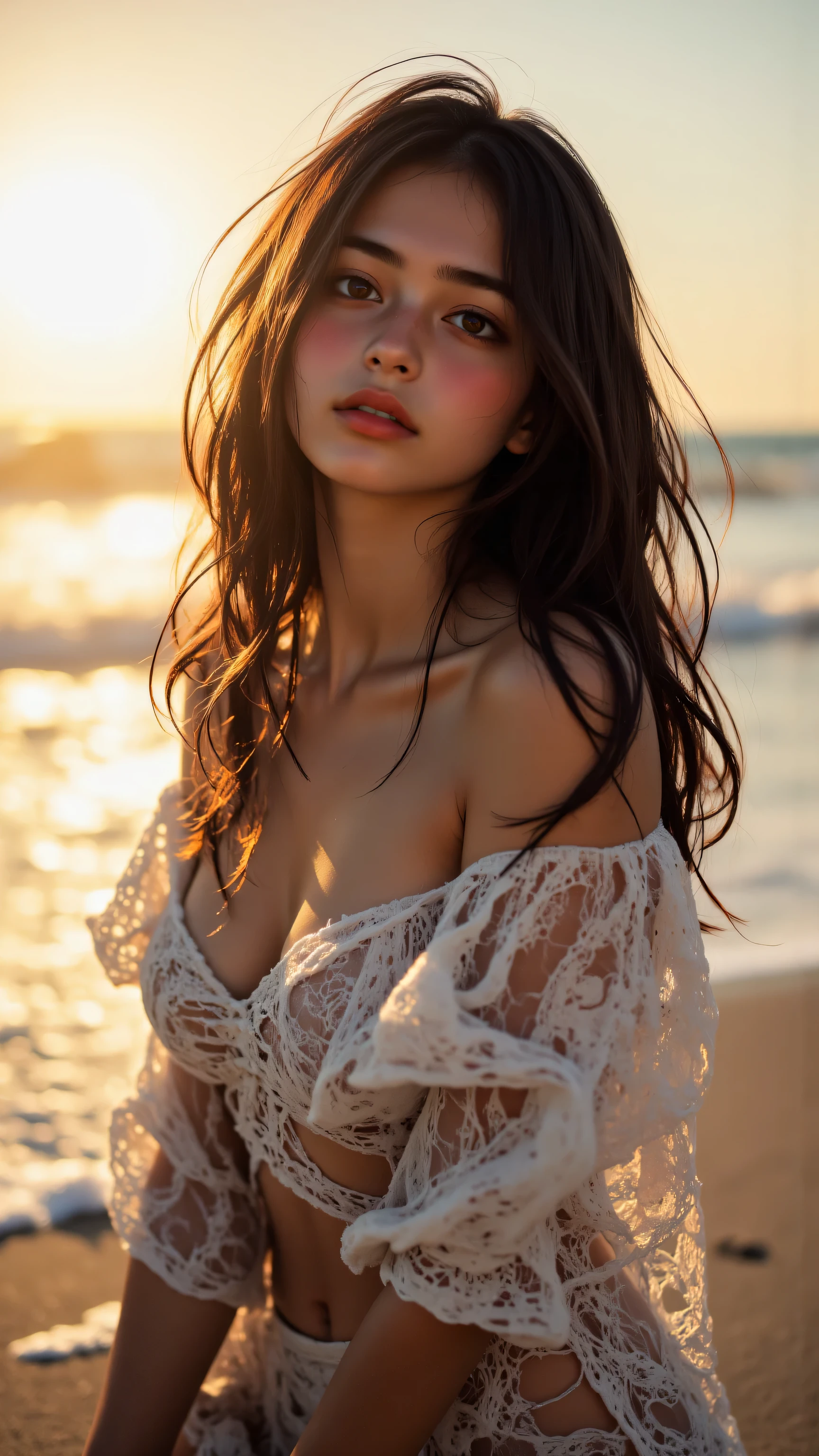 8k, Masterpiece, Top Quality, Close-up, eye-level, woman, long brown hair, waves, silver dress, off-the-shoulder, mini, long sleeves, sheen, natural makeup, calm, alluring, beach, sunset, sunrise, ocean, sand, light-colored, smooth, beauty, serenity, suggestive, stylized, digital, enhanced, generated, perfect lighting, skin, smoothness.