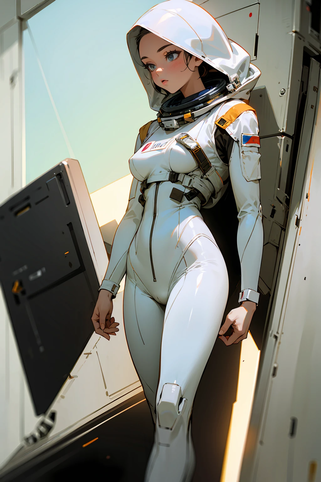 rear angle, Highly detailed RAW color Photo, Rear Angle, Full Body, of (female space soldier, wearing orange and white space suit, helmet, tined face shield, rebreather, accentuated booty), outdoors, (looking up at advanced alien structure, on alien planet), toned body, big butt, (sci-fi), (mountains:1.1), (lush green vegetation), (two moons in sky:0.8), (highly detailed, hyperdetailed, intricate), ((DAY TIME)), (lens flare:0.7), (bloom:0.7), particle effects, raytracing, cinematic lighting, shallow depth of field, photographed on a Sony a9 II, 50mm wide angle lens, sharp focus, cinematic film still from Gravity 2013, from behind
