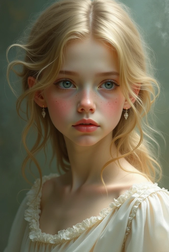 A victorian portrait of 13-year-old teenage girl with blond wavy hair and blue eyes wearing a blue nightgown from the 1890's. Only her face, small breasts