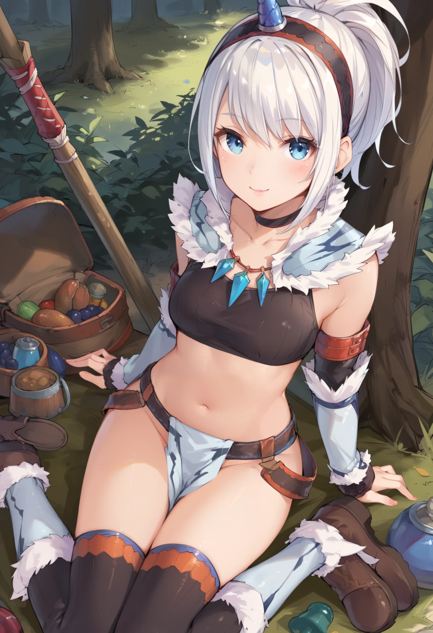 (score_9:0.9),score_8_up,score_7_up,rating_explicit,anime_style,(zPDXL),kirin beta armor,white single horn hairband,white detached sleeves,ung_girl,solo,blue eyes,looking at viewer,sitting,smile,plain_background,medium breasts,,closed mouth,collarbone,black bandeau,white loincloth,white_knee_boots, camp, campdire,black_knee_highs ,white_tube_top