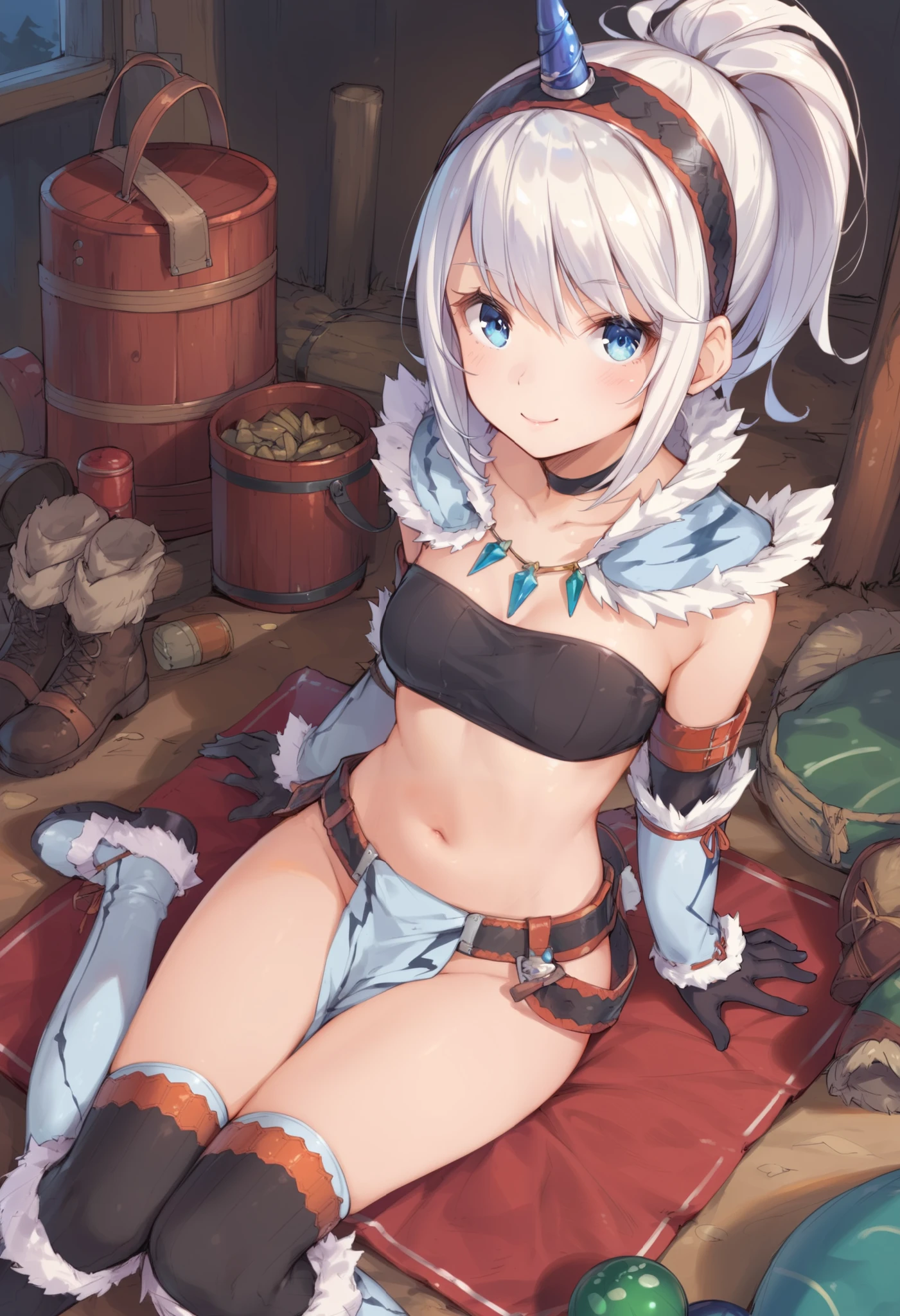 (score_9:0.9),score_8_up,score_7_up,rating_explicit,anime_style,(zPDXL),kirin beta armor,white single horn hairband,white detached sleeves,ung_girl,solo,blue eyes,looking at viewer,sitting,smile,plain_background,medium breasts,,closed mouth,collarbone,black bandeau,white loincloth,white_knee_boots, camp, campdire,black_knee_highs ,white_tube_top