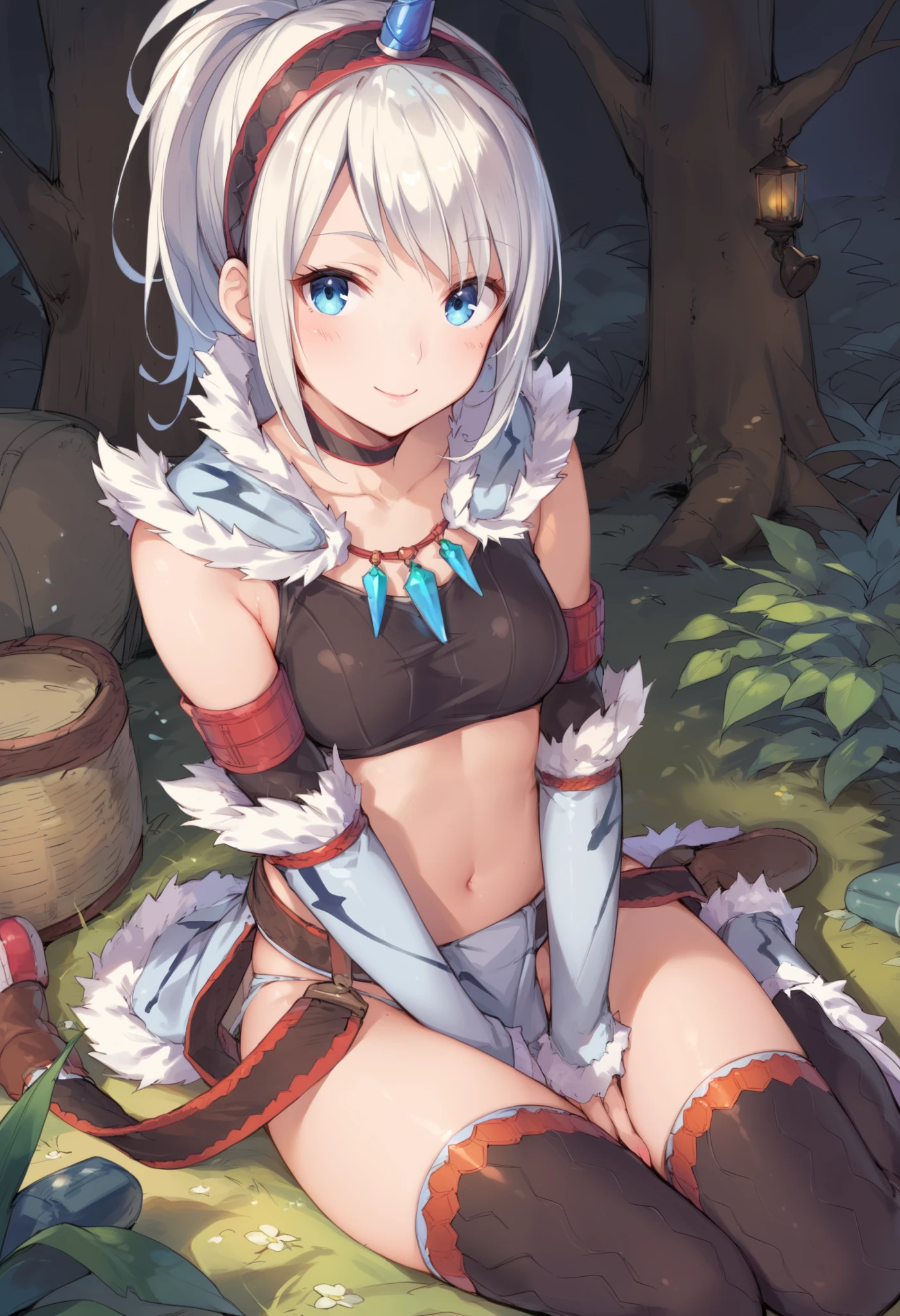 (score_9:0.9),score_8_up,score_7_up,rating_explicit,anime_style,(zPDXL),kirin beta armor,white single horn hairband,white detached sleeves,1young_girl,solo,blue eyes,looking at viewer,sitting,smile,plain_background,medium breasts,,closed mouth,collarbone,black bandeau,white loincloth,white_knee_boots, camp, campdire,black_knee_highs ,white_tube_top
