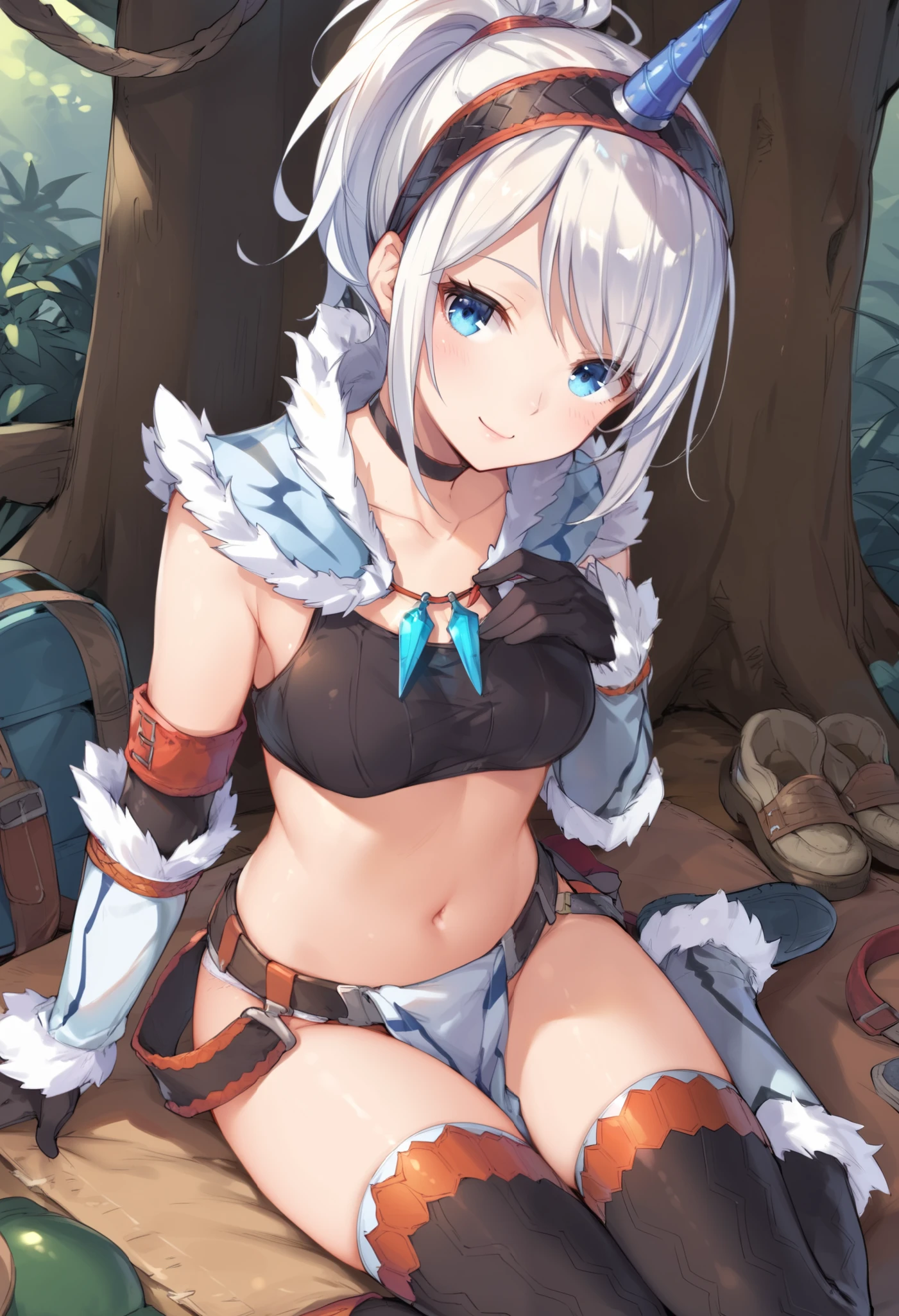 (score_9:0.9),score_8_up,score_7_up,rating_explicit,anime_style,(zPDXL),kirin beta armor,white single horn hairband,white detached sleeves,ung_girl,solo,blue eyes,looking at viewer,sitting,smile,plain_background,medium breasts,,closed mouth,collarbone,black bandeau,white loincloth,white_knee_boots, camp, campdire,black_knee_highs ,white_tube_top