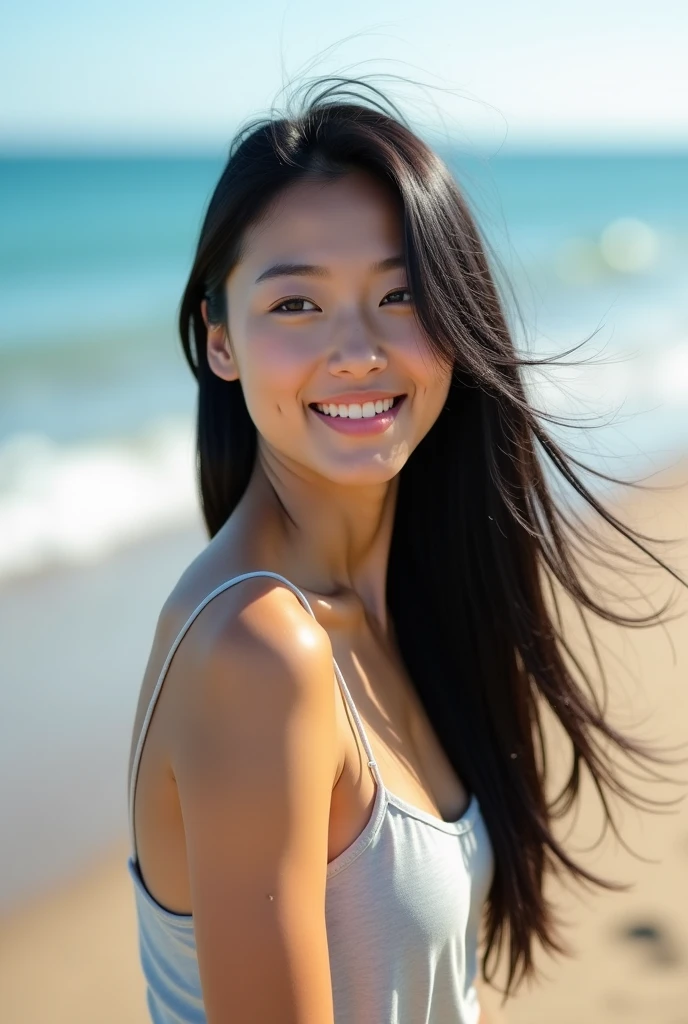  arafed woman with long black hair with deep blue highlights on the beach, flowing black hair, with black hair, photo of a beautiful woman, long flowing black hair, black golden hair, curly black hair, beautiful young asian woman, beautiful asian woman, wild ginger hair, black wispy hair, light black hair, a young asian woman, an asian woman, infp young woman, Portrait photo of a 24-year-old french girl in RAW UHD format (Brown-eyed woman), Details (textures! , Hair! , glistering, Color!! , imperfections: 1.1), DSLR Lighting, SLR camera, Ultra-Quality, sharpness, Film grain (Downtown), Fujifilm XT3, Crystal clear, Frame Center, beatiful face, ((sharp-focus)), bokeh (lit), day time, (open sky), detailed skin pores, oilly skin, suntan, Complex eye details, beautiful face, (((smiling))), gold jewelry, egyptian style ((egyptian style golden bikini)), nsfw, ((arms up))), ((hands hidden in the hair behind the neck)), (((ultra sharp image))), 