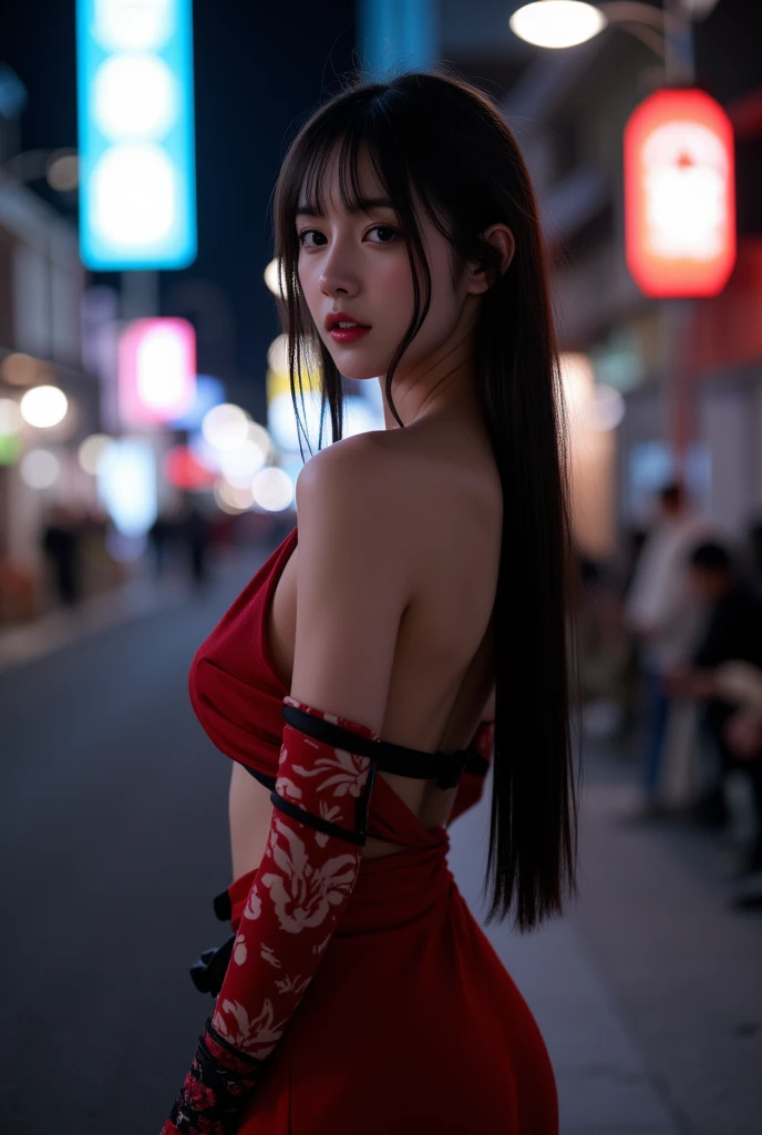 ((Highest quality, 8k, masterpiece :1.3)), (Sharp focus :1.2, Beautiful woman with perfect figure :1.4, Slim Abs :1.2), ((Big Breasts, Emphasize cleavage:1.3)), (Photorealistic:1.4), (realistic:1.4), (Long Hair, Light brown hair:1.5), Highly detailed face and skin texture, Fine grain, double eyelid. Makeup face, A little bit of lipstick, sex appeal, Sexy gravure pose, ((Beautiful woman in a red silk robe、Neon lights in the city at night、Lip biting expression、Remove the robe completely、She is completely naked and arches her back, posing while looking at the camera with an expression of ecstasy.。:1.3))