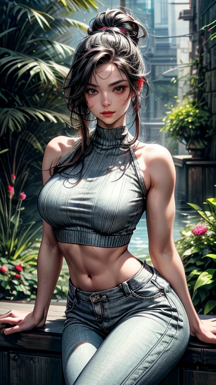 realistic art, extremely delicate and beautiful, ultra detailed, (1 beautiful 20 year old woman), blue eyes, floating, detailed light, illustration, dynamic angle, depth of field, feminine, long hair, (white hair with blue tipulticolored hair, hair with blue highlights, (ponytail), earrings, necklace, choker, bracelets, accessories, hair band, makeup, braid, red lips, half-open mouth, vampire eyes, pale white skin, body perfect, perfect abdomen, perfectly round butt, (((best quality))), (blur background: 0.6), in a river, (open white shirt, underboobs), (light blue micro-Strings), beautiful lighting and soft, (front light: 1.5), (ultra high resolution, best quality), (8k, raw photo, best quality, masterpiece), technological sense, best quality, masterpiece, illustration, CG, unity, wallpaper , official art, amazing fine details, extremely delicate and beautiful, extremely detailed, highly detailed, sharp focus, rich background, (real person, photography), ((highly detailed skin)), posing sexy in front of the camera, (((looking to the camera))).