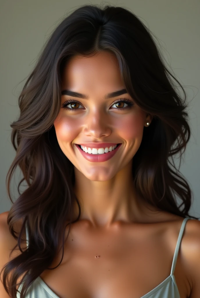 Create a realistic image of a 25-year-old Brazilian woman with medium-length hair, slightly below the shoulders. Her hair should be naturally wavy and a rich dark brown color. She has a warm, sun-kissed complexion typical of a Brazilian, with expressive brown eyes and a confident smile. She should be dressed casually in a light, breezy top, suitable for a warm climate. The background should be neutral, allowing the focus to remain on her, with soft, natural lighting enhancing her features.