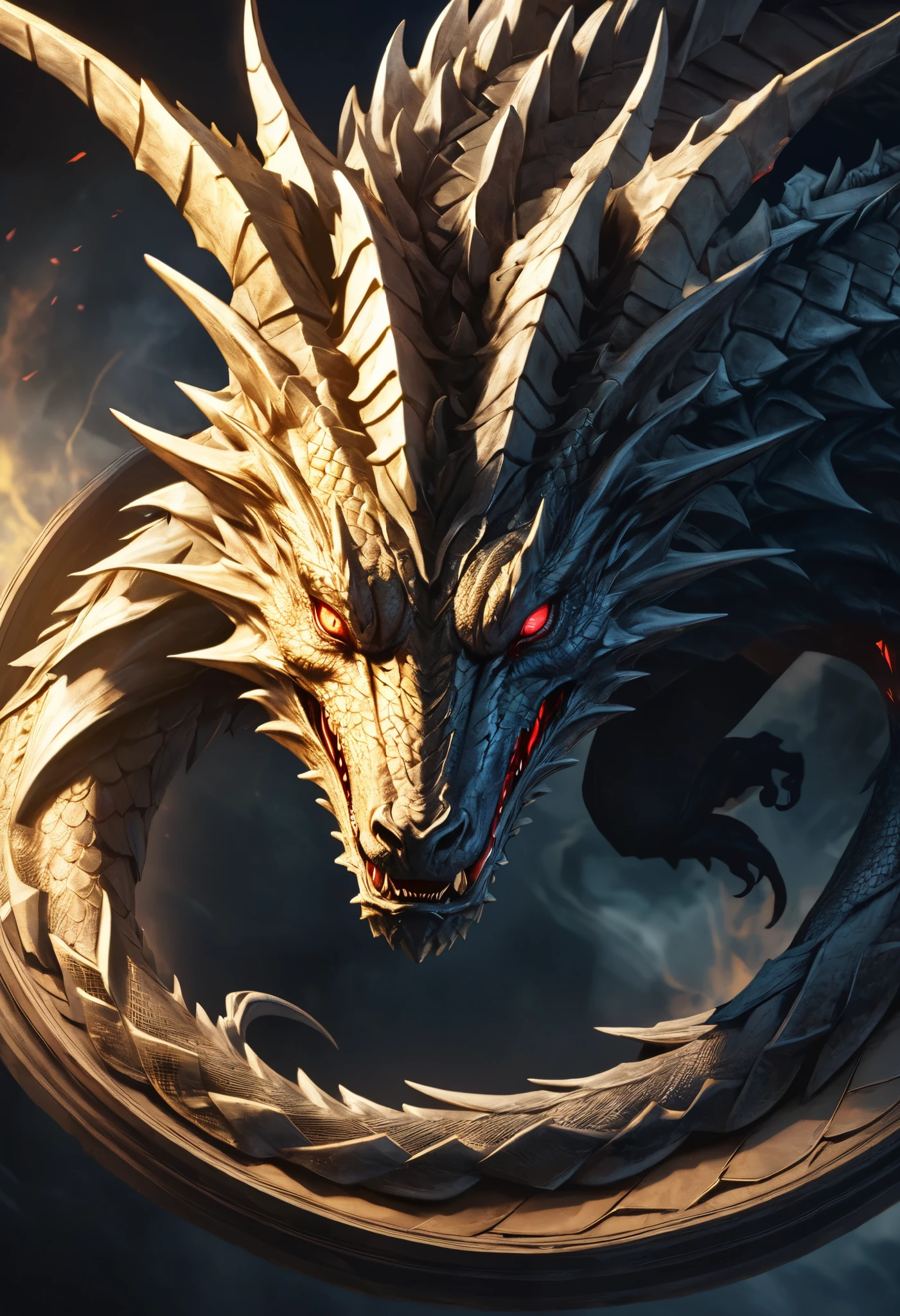 king of darkness, Alone, Overwhelming Dragon's Eyes, Eyes Reminiscent of Dragons, View All, Fusion of Elements of Providence, Ancient Genealogy, Immovable Silence and Destruction, dark fantasy,
Precise and attractive full body composition,from above,The perfect golden ratio, excellent balance between subject and margins, perfect beauty down to the smallest detail, Subjects Expressed Delicate and Vividly Expressed, sharp and clear line drawing, Realistic and Colorful Textures, Use all colors that can be output, Extremely transparent, realistic texture, Finest workmanship,8K high resolution,photographer-style realistic finish,Professional Light and Shadow,brilliant and deep colors,dreamy atmosphere,