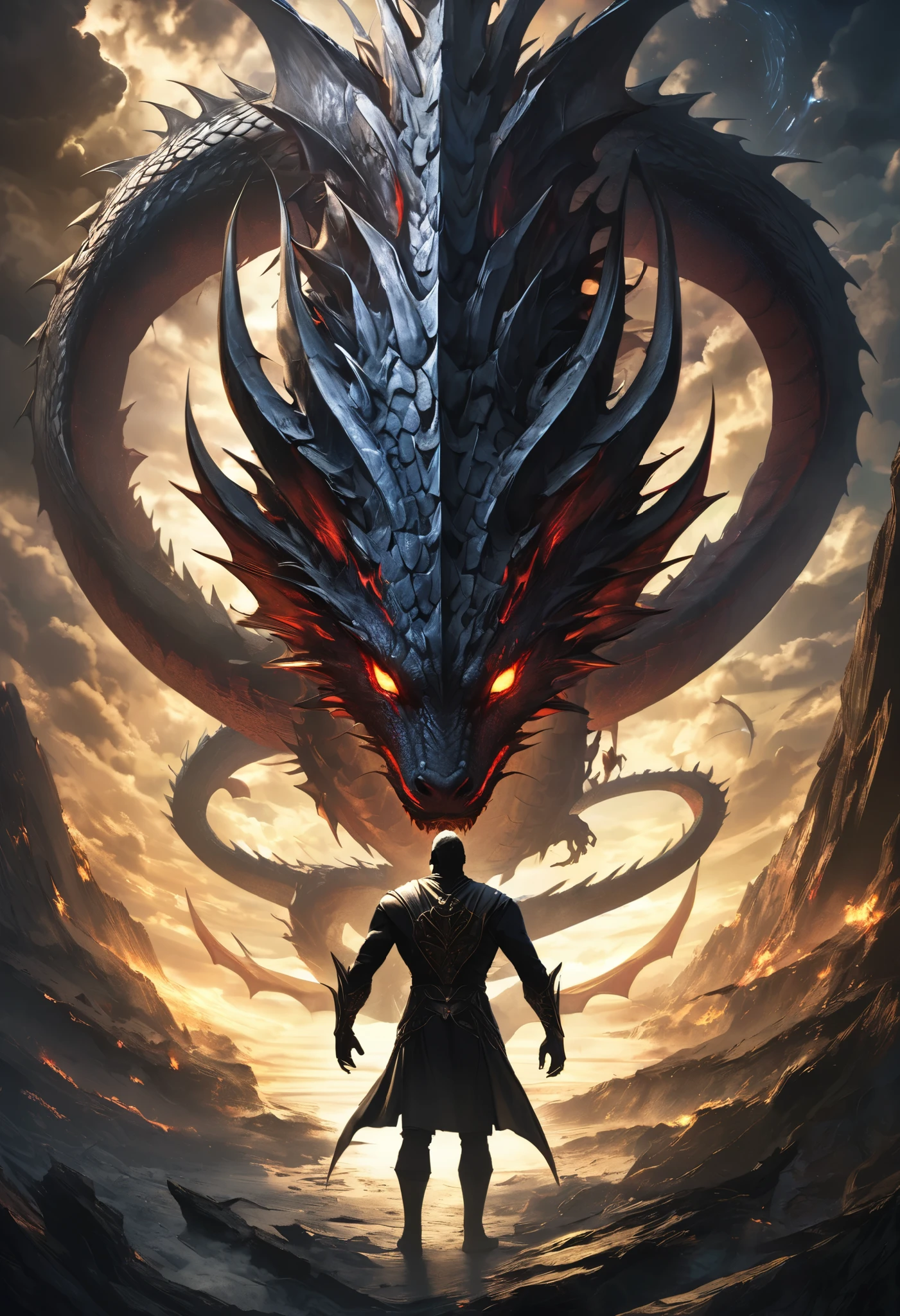 king of darkness, Alone, Overwhelming Dragon's Eyes, Eyes Reminiscent of Dragons, View All, Fusion of Elements of Providence, Ancient Genealogy, Immovable Silence and Destruction, dark fantasy,
Precise and attractive full body composition,from above,The perfect golden ratio, excellent balance between subject and margins, perfect beauty down to the smallest detail, Subjects Expressed Delicate and Vividly Expressed, sharp and clear line drawing, Realistic and Colorful Textures, Use all colors that can be output, Extremely transparent, realistic texture, Finest workmanship,8K high resolution,photographer-style realistic finish,Professional Light and Shadow,brilliant and deep colors,dreamy atmosphere,