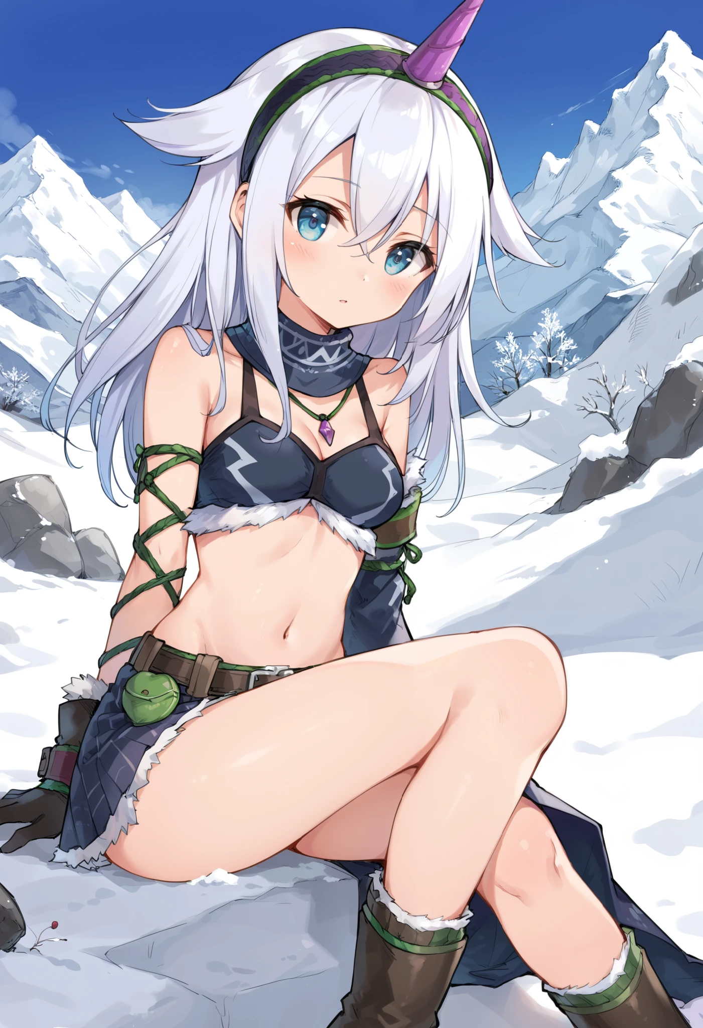 ( score_9:0.9), score_8_up, score_7_up,rating_explicit, anime style,(zPDXL), r armor, purple single horn headband, 1 young_girl, Alone, long_gloves, black_knee_high , white_long_hair, shaggy_bang,Blue Eyes, snow, under the arm, arms, medium_breasts , black_tube_top,mountain_background