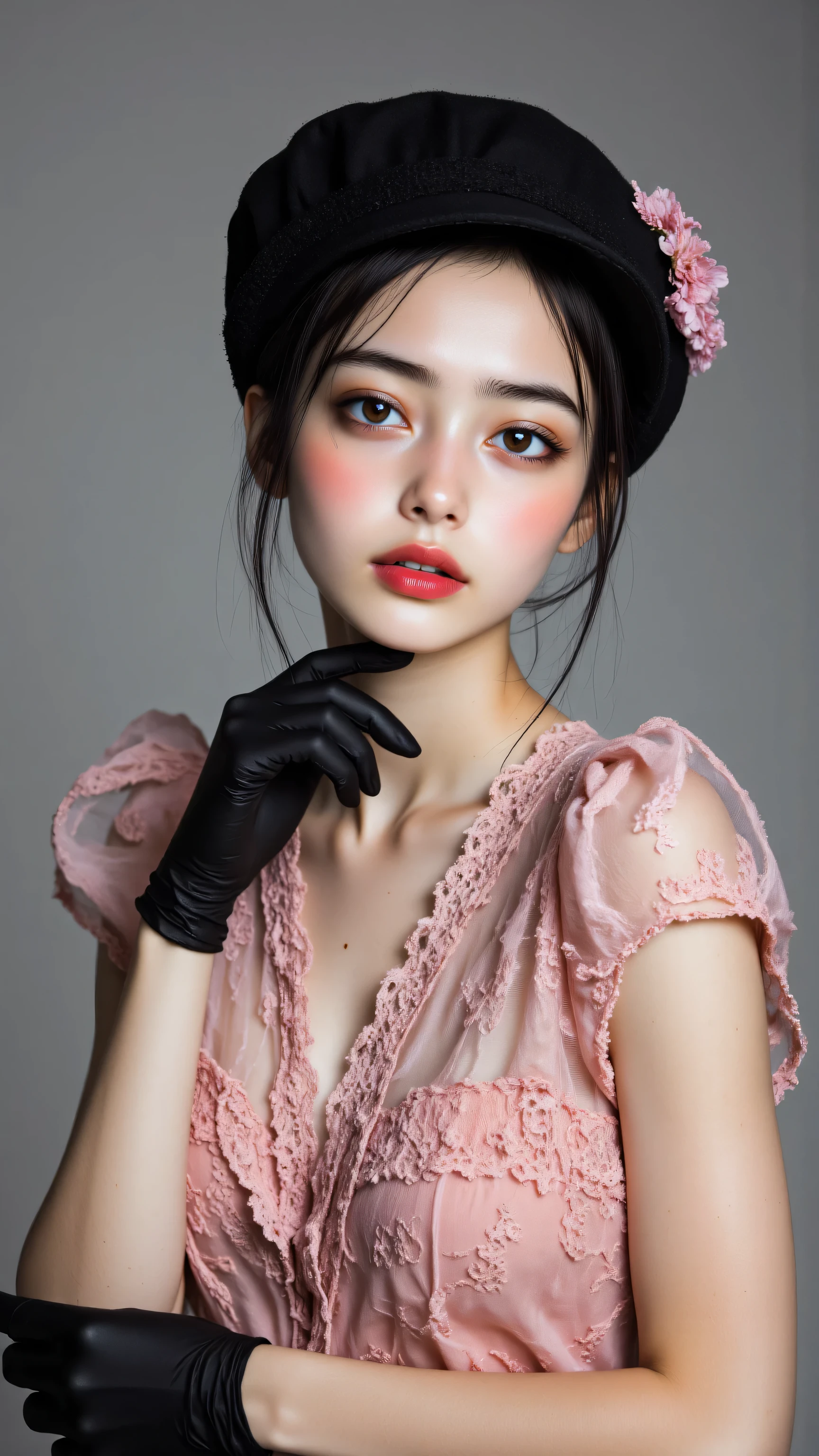 8k, Masterpiece, Top Quality, Pale skin, red lips, defined eyes. Pink dress, puff sleeves, small collar, black gloves, cloche hat. Hand on chest, holding hat. Plain gray background.