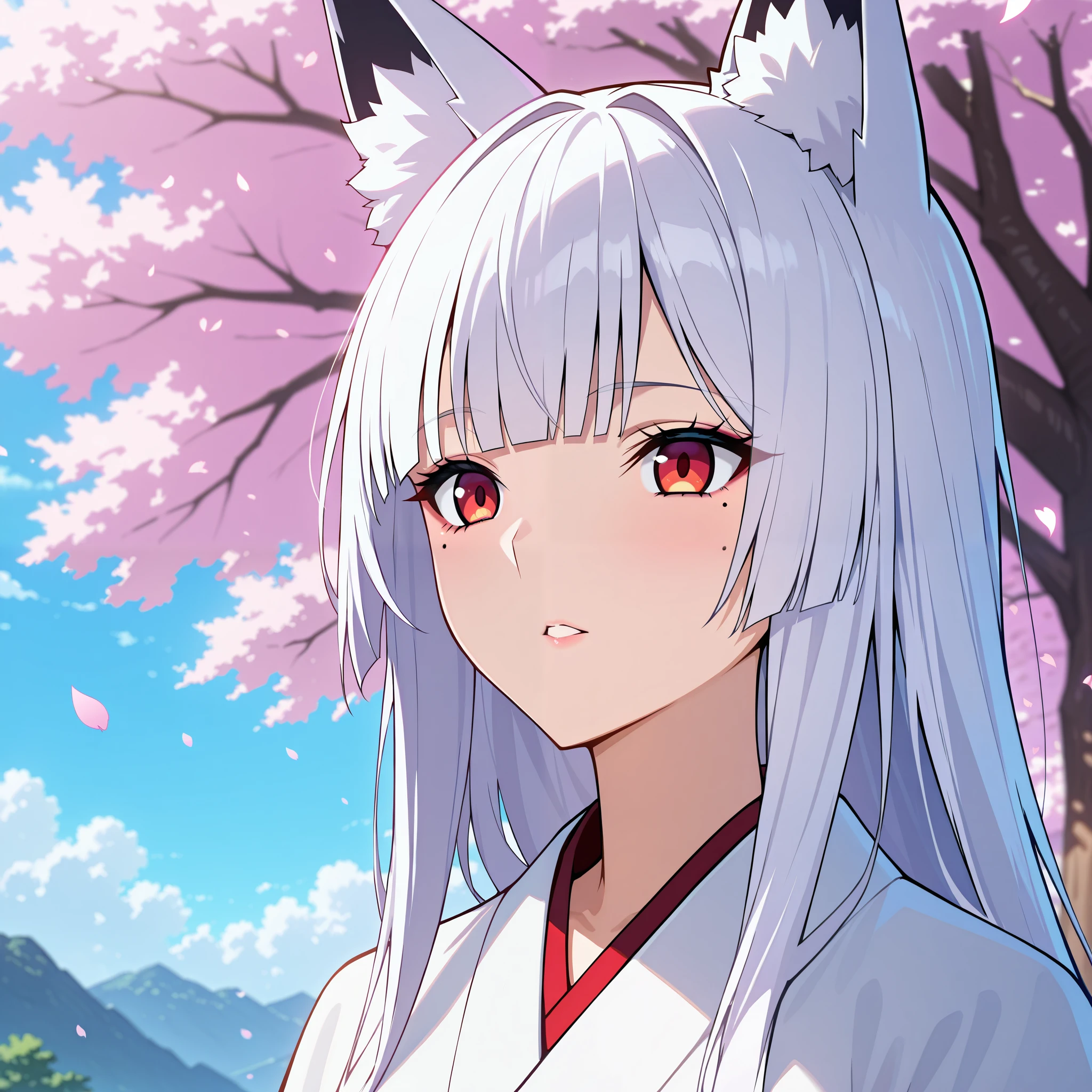 Single, 1 woman, long hair, masterpiece, detail, long hair, white hair, Fox Ear, red eye, Humiliated expression , Mole under the eye, white kimono , Japanese Anime , Quadrilateral lens, Cherry blossoms
