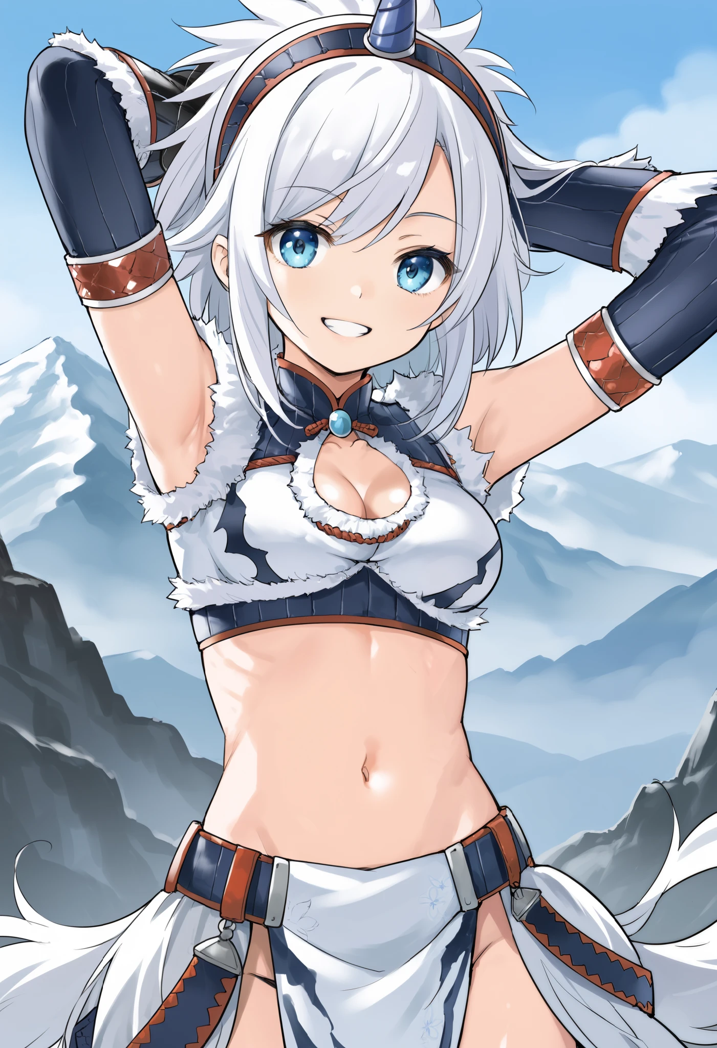 ( score_9:0.9), score_8_up, score_7_up,rating_safe, anime style,(zPDXL), Armor , ung_girl, Alone, purple_horn Hairband, Blue Eyes, , belly button, Chest,medium_breasts, white loincloth, white kimono sleeve , smile, mountain background, monochrome, white bandeau, armpit,raise_arm,