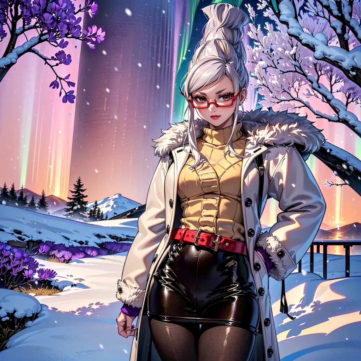((shiny eyes, 1girl, milf, standing,  pose, (ayase seiko, AyaseSeiko, long hair, white hair, exotic hairstyle, hair bun, hair, brown eyes, red glasses), woman)), perfect face, sharp focus, professional artwork, intricate details)), ((fitness,, shapely body, athletic body, toned body)), ((warm clothes, overcoat, fur coat, gray sweater, leather skirt, tights, pantyhose, , mountainous environment, snow, aurora borealis, night, forest, tundra forest, xuer white fur coat, red lining, smug, belt, red lipstick, wool shirt, viewpoint, balcony, jacaranda trees, jacaranda grove))