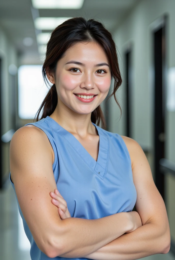 Beautiful 30 year old athletic attractive female japanese nurse wearing sleeveless top taking a break in hospital. Muscular arms. Smiling