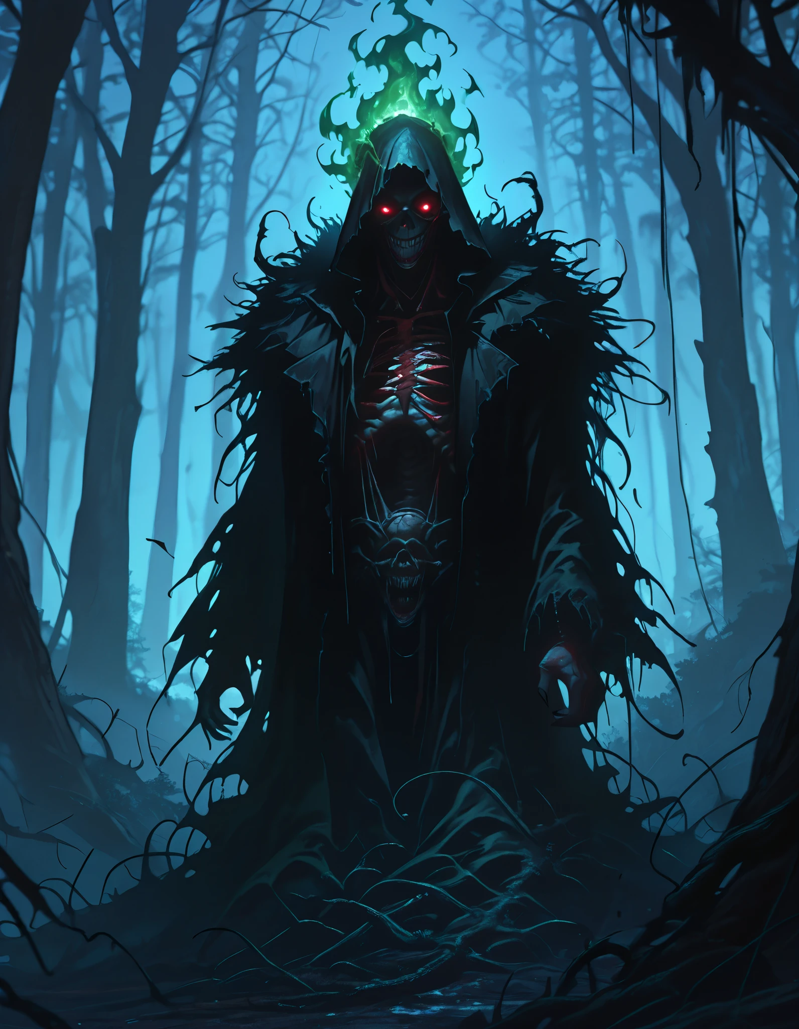 score_9, score_8_up, score_7_up, score_6_up, score_5_up, score_4_up, (Dark masterpiece), Horror masterpiece, (imagine a Anime design that evokes fear), Voodoo Woman performing a (((black ritual)), HUGE green spell, green fire, (((POV view from FIRE))), alone in the forest, toxic green aura, Wicked, in foggy background, (grim, dead, venomous vegetation), wearing VOODOO DRUID ZOMBIE, ragged robe, ripped apart, hooded, serrated teeth, big apart breasts, Latex slingshot, ((illuminated body and face, light from bellow)), fur trim, mad look, demonic, dark arts, hkhorror, demonic, Bondage, aburdres, vibrant