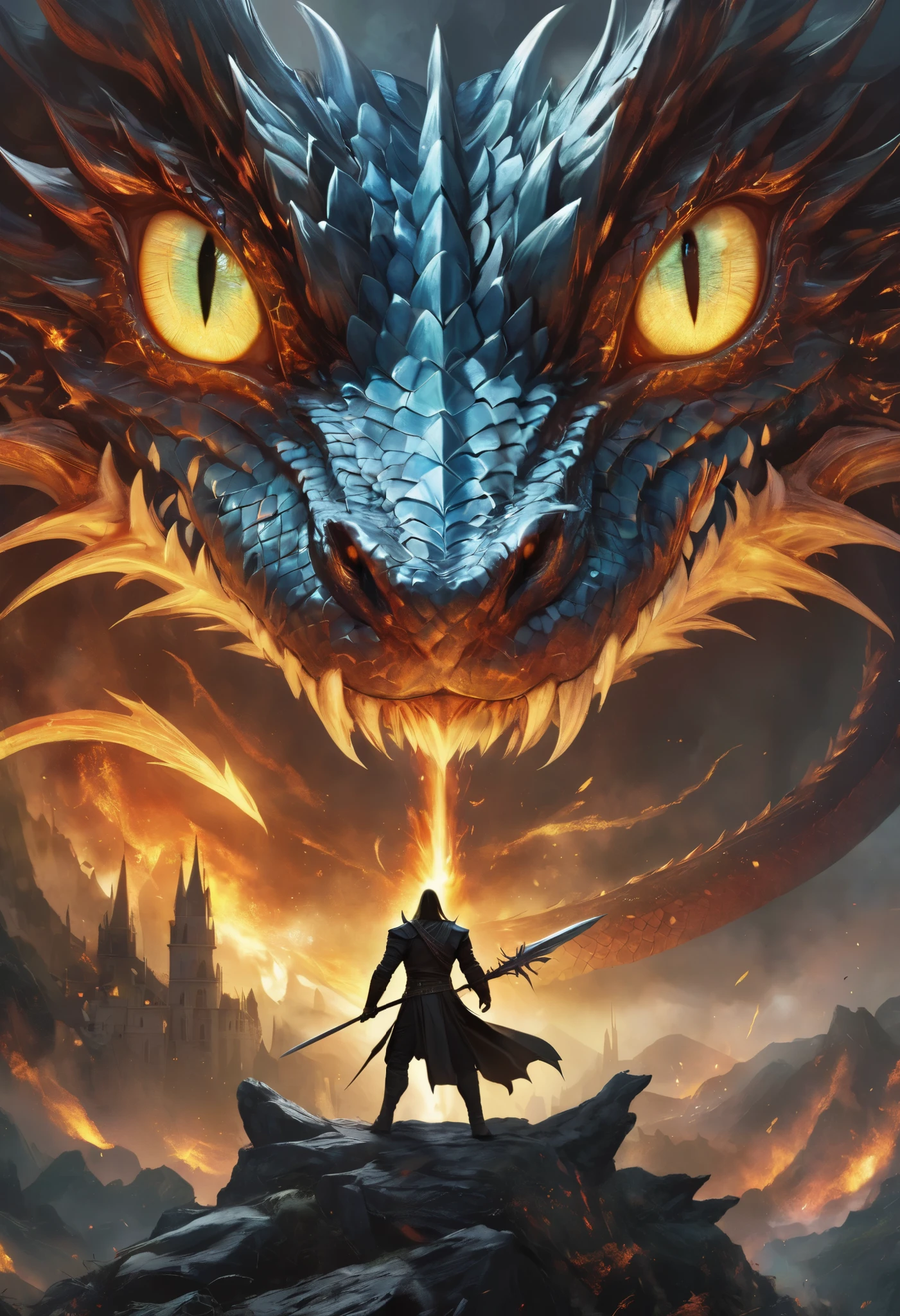 A dragon slayer、Skewering the dragon's eye, Celebrating victory、Raising the dragon's eye, Celebrating victory, Stories about the dragon's eye, Gothic fantasy art deciphered from ancient genealogy, digital painting, A story about the dragon's eye,