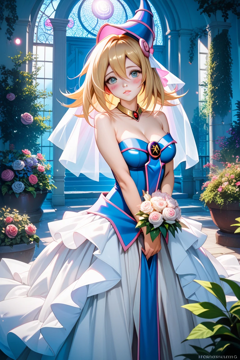 kitagawa marin, Solo, girl, blonde hair, long hair, multicolored hair, red eyes, wedding dress, bridal gauntlets, bridal veil, wedding ring, bouquet、blush、small breasts、church、UHD, retina, masterpiece, ccurate, anatomically correct, textured skin, super detail, high details, high quality, best quality, highres, 4K