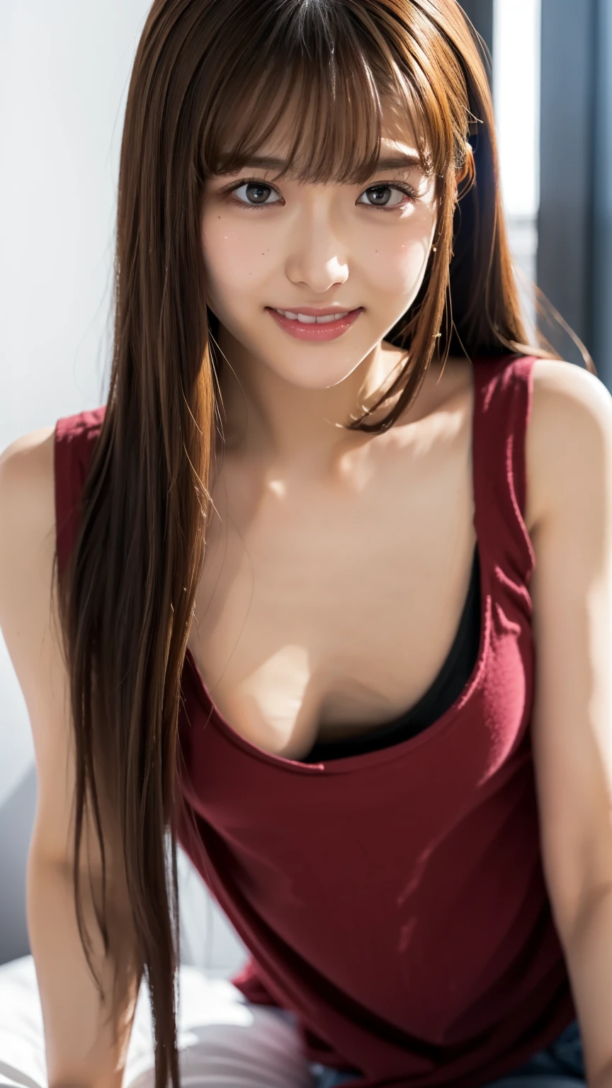 (((8ｋ,Attention to detail,Attention to detail、highest quality，masterpiece,Attention to detail,alone))),RAW Photos & Realistic atmosphere,Beautiful dark eyes,Mouth Details,Glossy Lips,Thin eyebrows,beautiful Eyes、Soft white skin that shines in every detail、Her deep black eyes are very beautiful,Lip details、Very beautiful face,Very beautiful face、A vivid face,beautiful, Glowing Lips,beautiful Eyebrows,Infinite Reality, Realistic Young Gravure Idol,Very cute woman , Young Gravure Idol, Young Gravure Idol, とても美しくてかわいいbeautiful 21 year old beauty,Incredibly beautiful and elegant，beautiful 21 year old beauty,Natural soft light,（Shiny Hair,,beautiful and kind eyes：1.5）,A kind smile,Shapely breasts,Long Hair,beautiful posture,No makeup,A little look at the camera,Red Shirt，