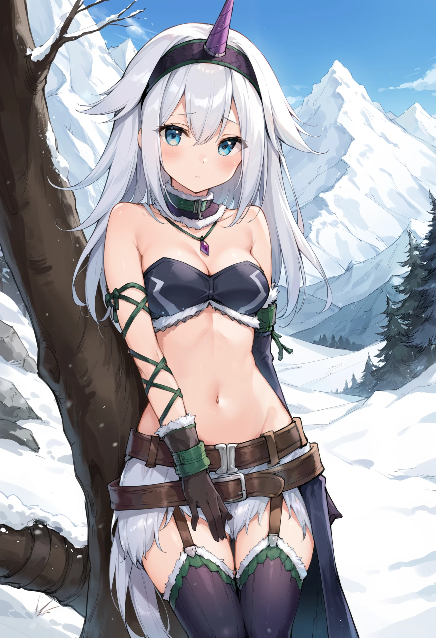 ( score_9:0.9), score_8_up, score_7_up,rating_explicit, anime style,(zPDXL), r armor,  purple single horn headband, ung_girl, Alone, long_gloves,  black_knee_high , white_long_hair, shaggy_bang,Blue Eyes, snow,  under the arm, arms,  medium_breasts , black_tubetop,mountain_background,wide_collar