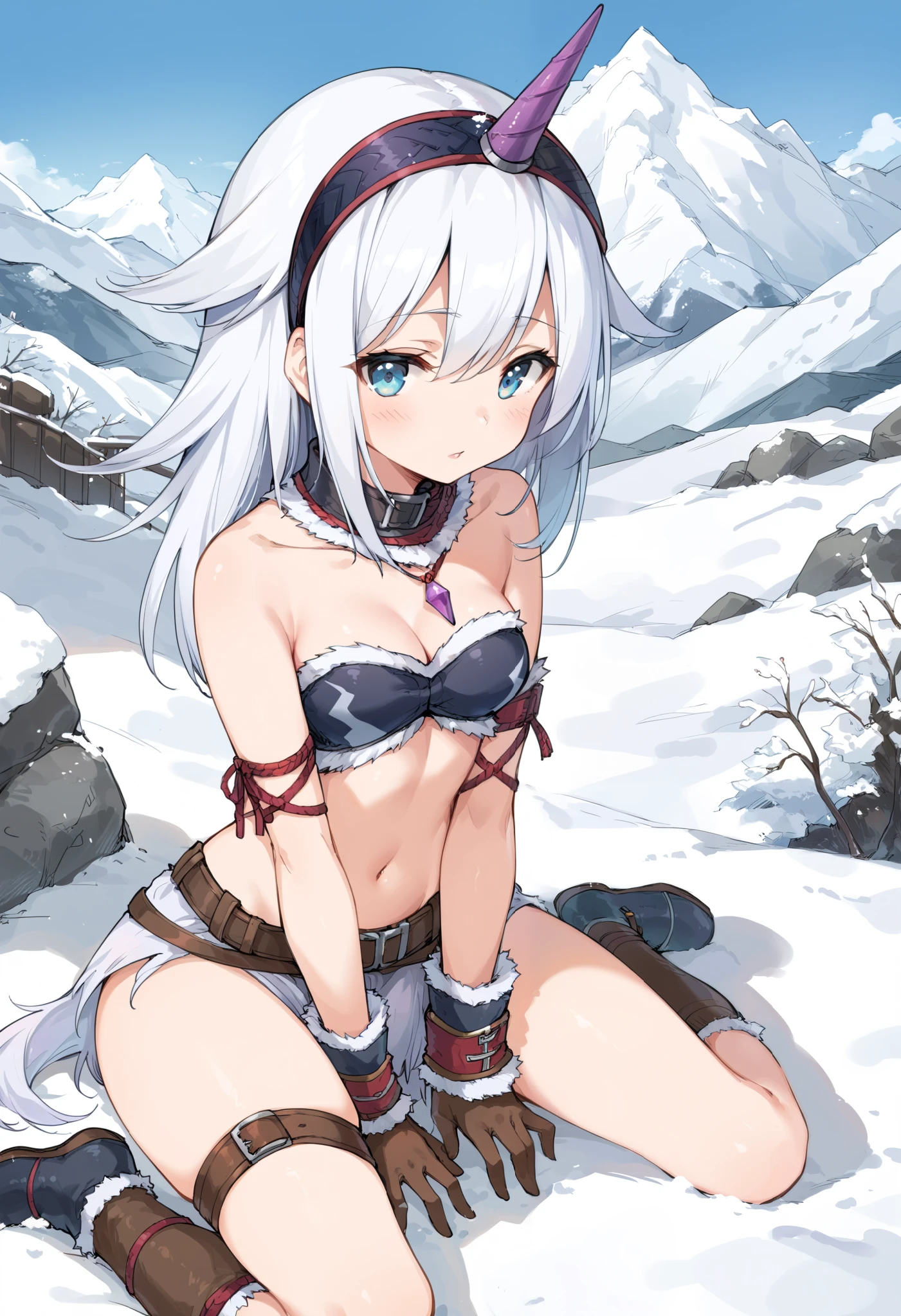 ( score_9:0.9), score_8_up, score_7_up,rating_explicit, anime style,(zPDXL), r armor, purple single horn headband, ung_girl, Alone, long_gloves, black_knee_high , white_long_hair, shaggy_bang,Blue Eyes, snow, under the arm, arms, medium_breasts , black_tubetop,mountain_background,wide_collar