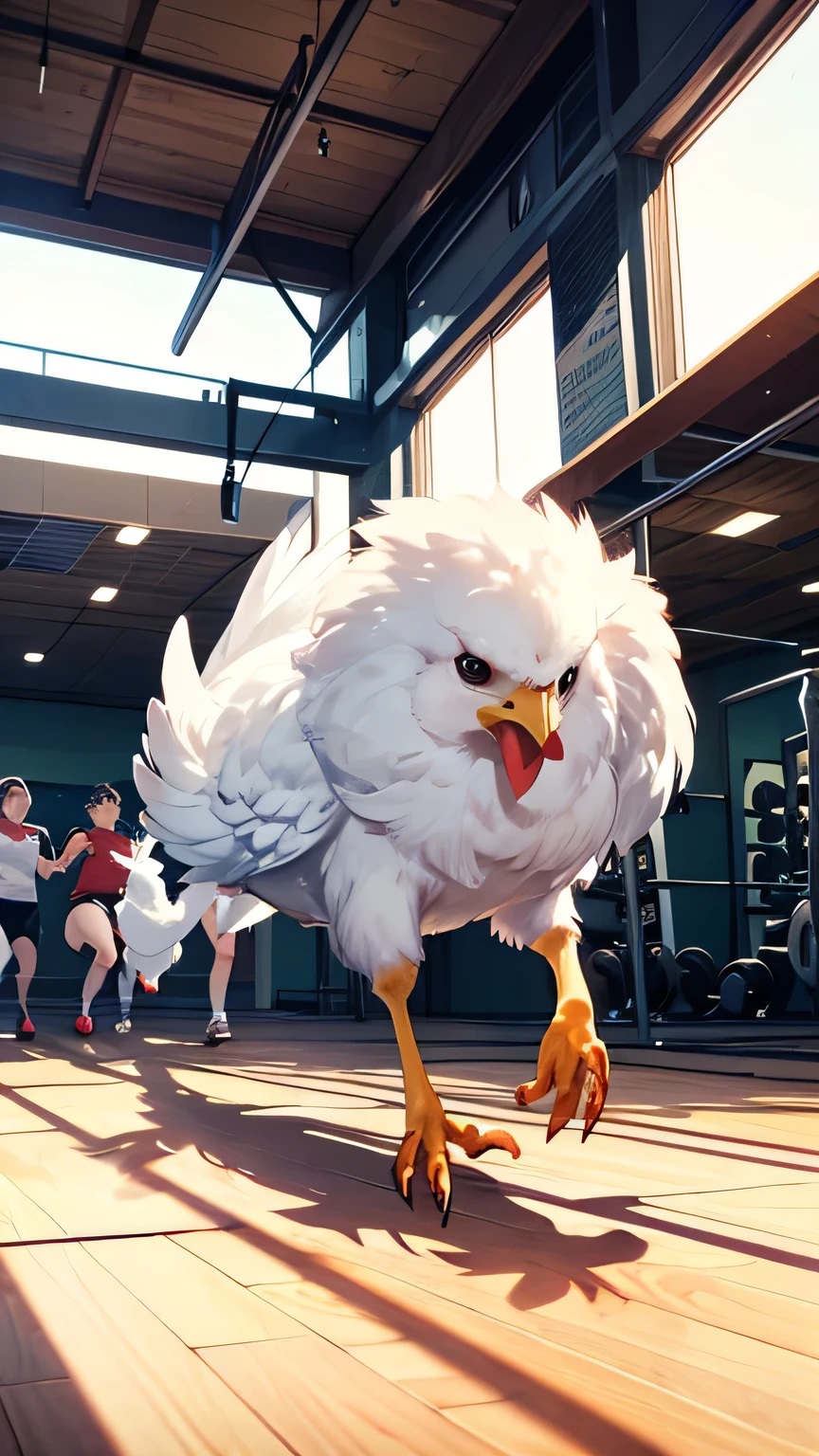 A realistic and humorous scene of a chicken running wildly inside a modern gym. The gym is filled with workout equipment such as treadmills, dumbbells, and weightlifting machines. Several surprised gym-goers watch from a distance, reacting to the chaos. The chicken is the main focus of the image, flapping its wings slightly, looking determined and energetic as it sprints across the gym floor. No humans in the foreground, ensuring the small chicken remains the central subject. The scene is bright, colorful, and dynamic, capturing the fun and unexpected moment.