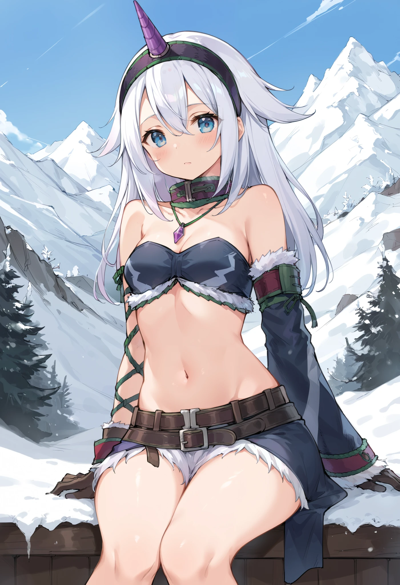 ( score_9:0.9), score_8_up, score_7_up,rating_explicit, anime style,(zPDXL), r armor, purple single horn headband, ung_girl, Alone, long_gloves, black_knee_high , white_long_hair, shaggy_bang,Blue Eyes, snow, under the arm, arms, medium_breasts , black_tubetop,mountain_background,wide_collar