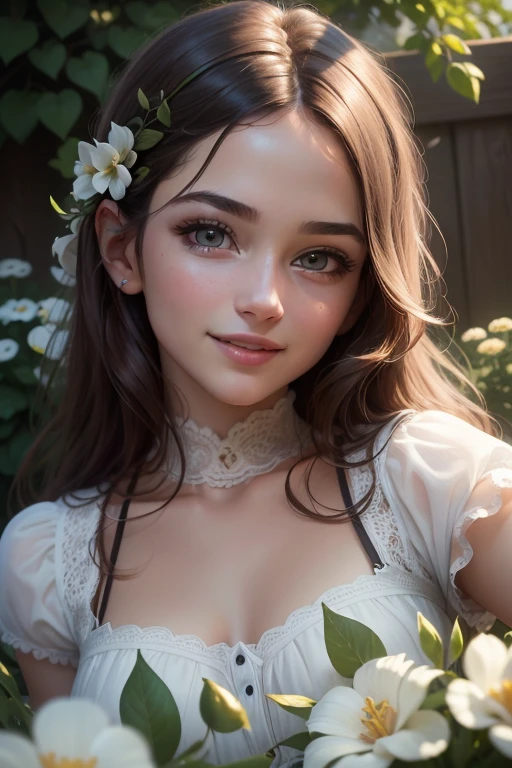 warm smile, high detail, beautiful detailed face, hazel eyes, (attractive woman:1.3), (blushing:1.1), guarda-roupa de estudante, Without deforming the fingers and hand, 22 anos, 21 anos, 18 anos, cara sexy, Yelena Belova, 23 anos, HD, en un jardin lleno de rosas, en un jardin lleno de flores blancas, en un jardin lleno de flores rosas, 4k, realista