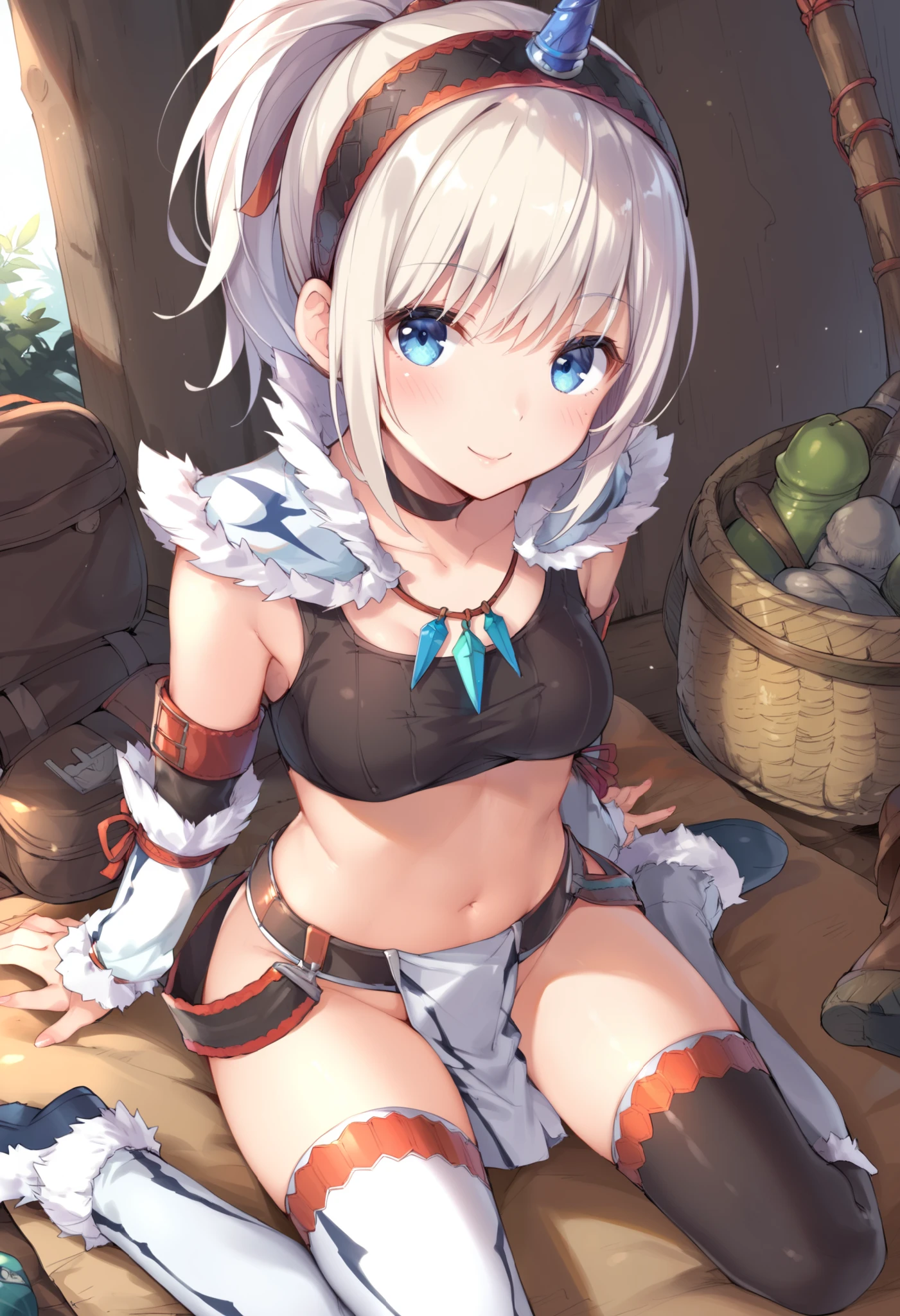 (score_9:0.9),score_8_up,score_7_up,rating_explicit,anime_style,(zPDXL),kirin beta armor,white single horn hairband,white detached sleeves,1young_girl,solo,blue eyes,looking at viewer,sitting,smile,plain_background,medium breasts,,closed mouth,collarbone,black bandeau,white loincloth,white_knee_boots, camp, campdire,black_knee_highs ,white_tube_top,open_legs,(abs:0.5)