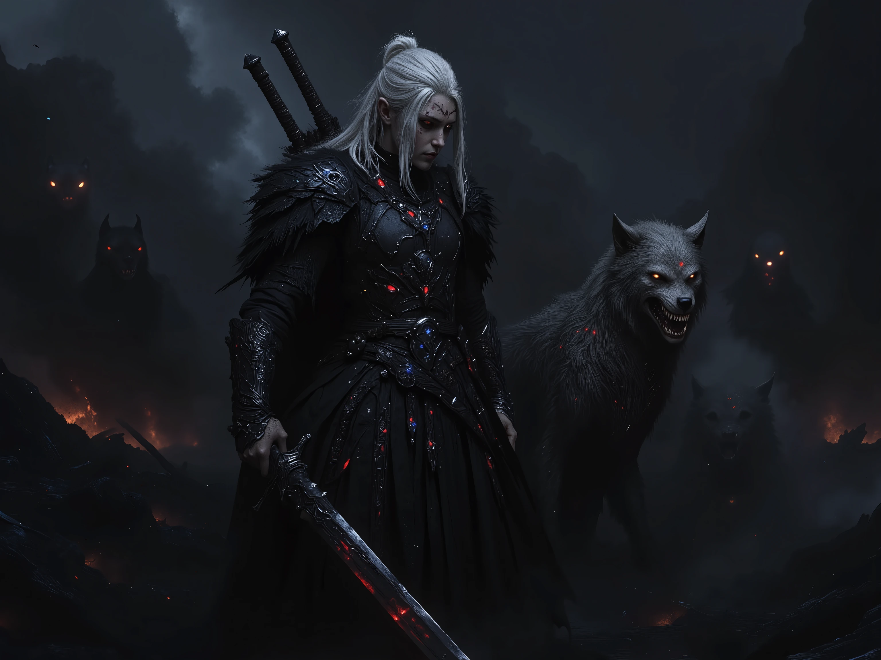 A figure stands amidst the smoldering ruins of a battlefield, their long silver-white hair partially tied up in a half-bun, the loose strands cascading down their shoulders, glowing faintly against the dark, smoky mist that swirls around them. Their sharp, steely eyes scan the carnage with a mix of determination and weariness, their expression composed yet haunted. Dark, intricately designed plate armor clings to their frame, scorched and battered, with layered pauldrons and chainmail underneath glinting faintly in the dim light. Black leather and metal bracers on their forearms emit a faint blue glow, contrasting with the jagged, black sword they hold firmly in one hand, its red runes pulsating with residual energy. Beside them, a spectral hound stands vigilant, its glowing eyes piercing through the smoky mist, its form blending seamlessly with the eerie atmosphere. The air is thick with the scent of ash and magic, and the black mist swirls around them, forming ghostly shapes of fallen warriors and spectral entities drawn by an unseen force. The scene is haunting and powerful, a testament to the figure’s resilience and their bond with their otherworldly companion. Art style: dark fantasy, highly detailed, inspired by gothic and surreal art, with a focus on contrast between light and shadow, muted colors with accents of glowing blue and red, hauntingly beautiful