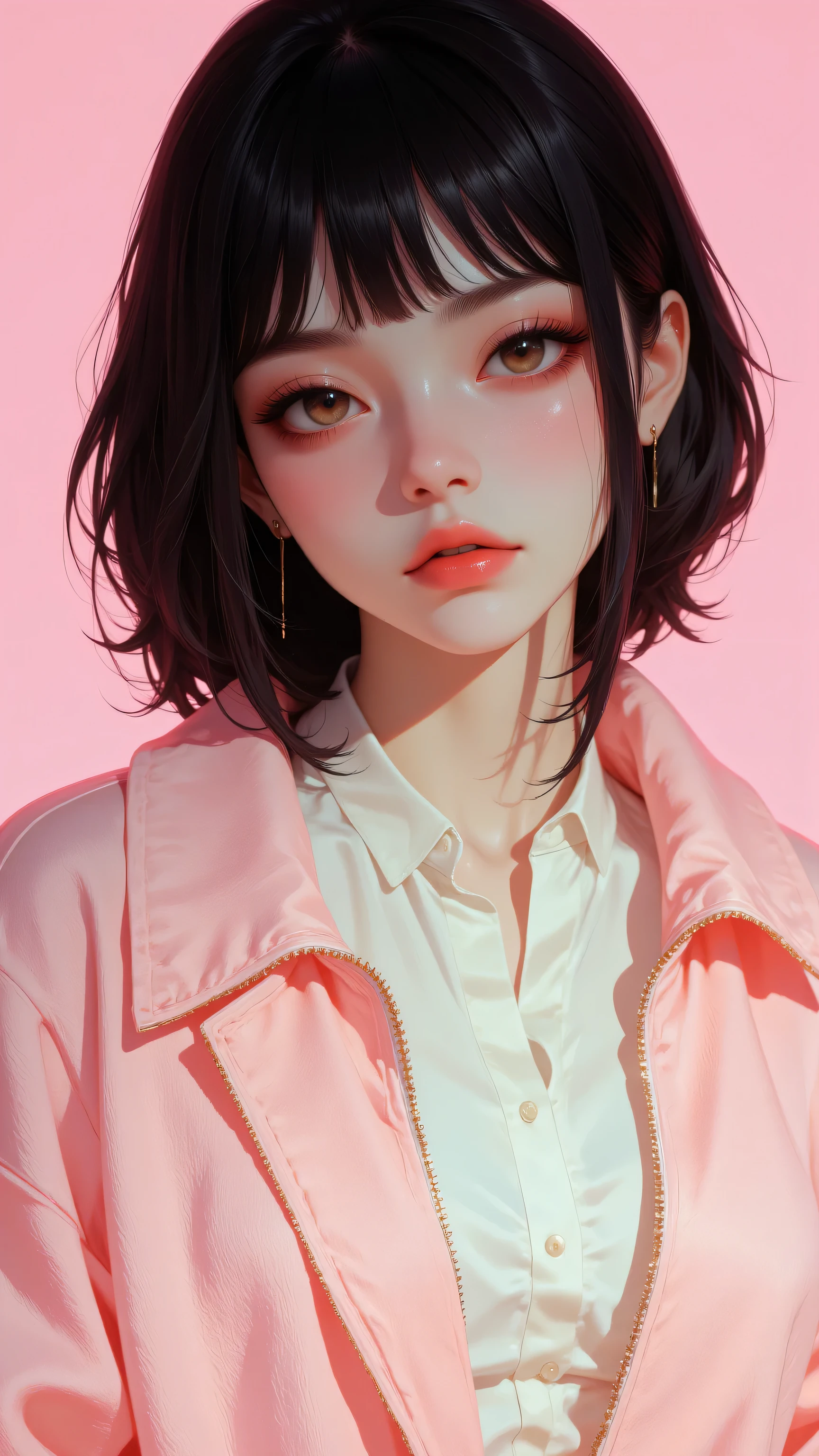 8k, Masterpiece, Top Quality, Close-up, woman, dark short hair, bangs, pale skin, dark eyes, full lips, light pink cardigan, off-white underlayer, zipper closure, solid light pink background