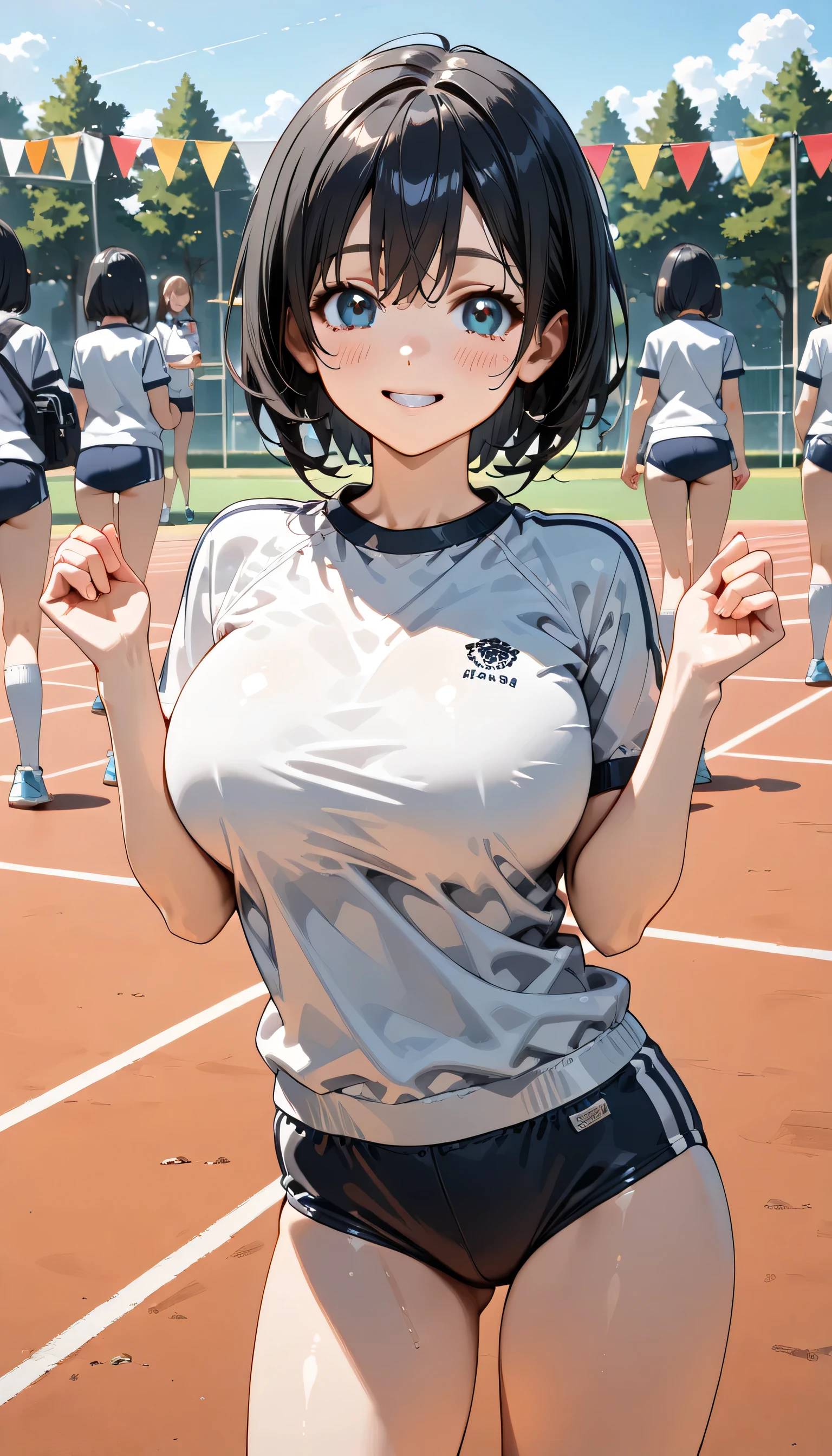((ultra-detailed)), (highly detailed CG illustration), (best quality:1.2), ultra-highly detailed, colorful composition, artistic photoshoot, 1girl, solo focus, ((thigh to top:1.4)), ((cowboy shot:1.4)), moe anime character, girl, dainty facial structure, (bab(round face), ((rounded chin:1.2)), ((ideal ratio body proportions)), celia-default, celia claire, (blue eyes), sparkle eyes, ((wearing glasses)), g-boston19A, glasses, black hair color, long hair, half updo, (hair ribbon with red), ample breasts, (navy blue school gym buruma), ((smile)), ((blush:1.4)), ((doing calisthenics:1.4)), girls doing calisthenics, ((standing on the school Athletic Festival:1.4)), from front, dynamic pose, contrapposto pose, best quality, expecting, pink cheek, blush, light pink gloss slip, portrait, depth of field, sparkling sunlight, lighting, backlighting, (shine), lighting, caustics, ray tracing, perfect face, lustrous skin, highly detailed face, highly detailed eyes, perfect face, perfect nose, perfect hair, perfect eyes, perfect anatomy, beautiful hair, beautiful small face, extremely detailed face, beautiful detailed eyes, beautiful clavicle, beautiful body, beautiful huge breasts, leavage, breasts squeezed together, equalize the size of the left and right breasts, beautiful thin thighs, beautiful legs, beautiful fingers, ((4 fingers)), 1 thumb, lovely, (very detailed background:1.0), (highly detailed background:1.0), summer aesthetic, intricate details, festival atmosphere, summer colors palette, chromatic aberration